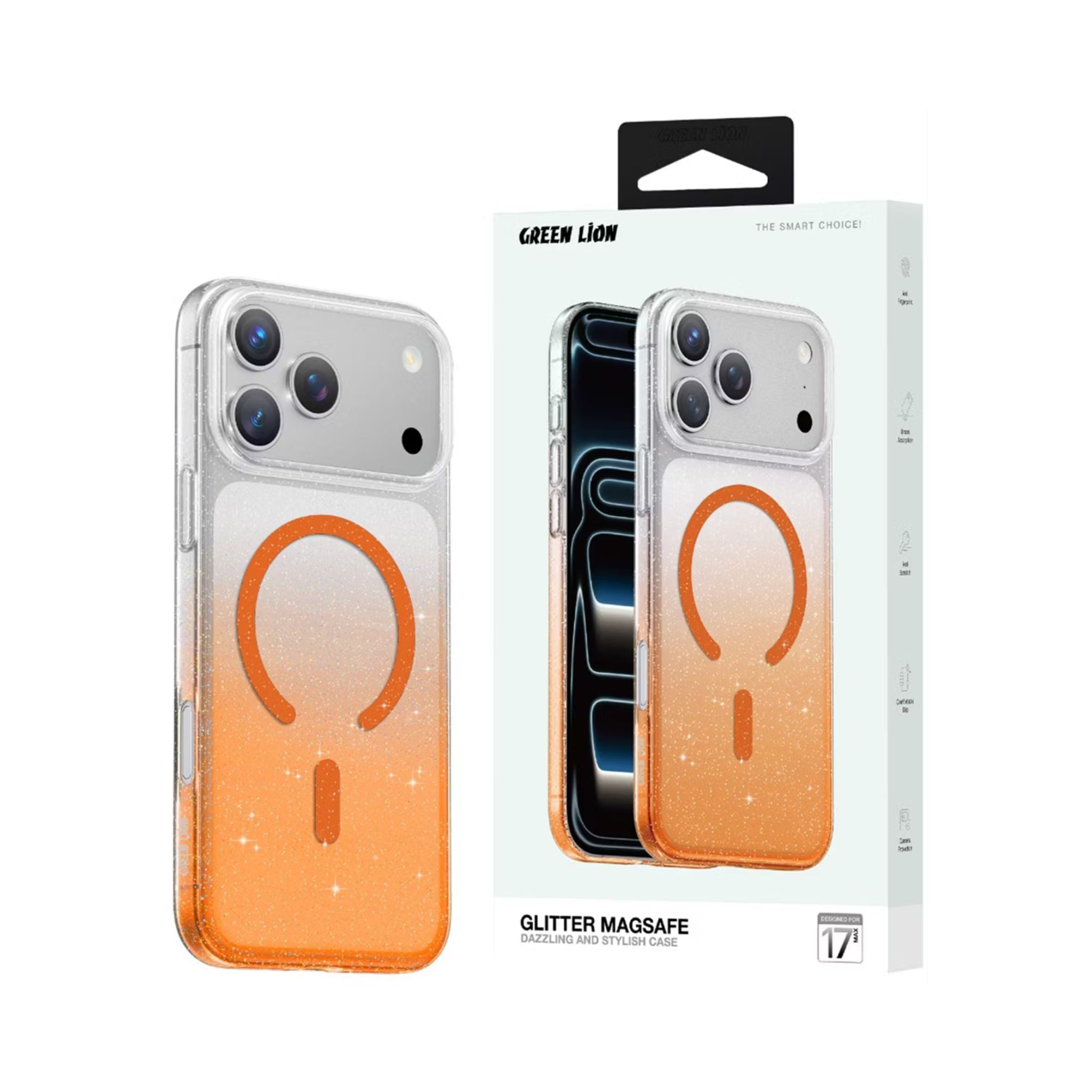 Green Lion Glitter MagSafe Case for iPhone 17 Pro Max, Anti-Fingerprint & Anti-Scratch, Comfortable Grip, Camera Protection, Anti-Yellowing, Ultra-Slim & Lightweight Design - Orange