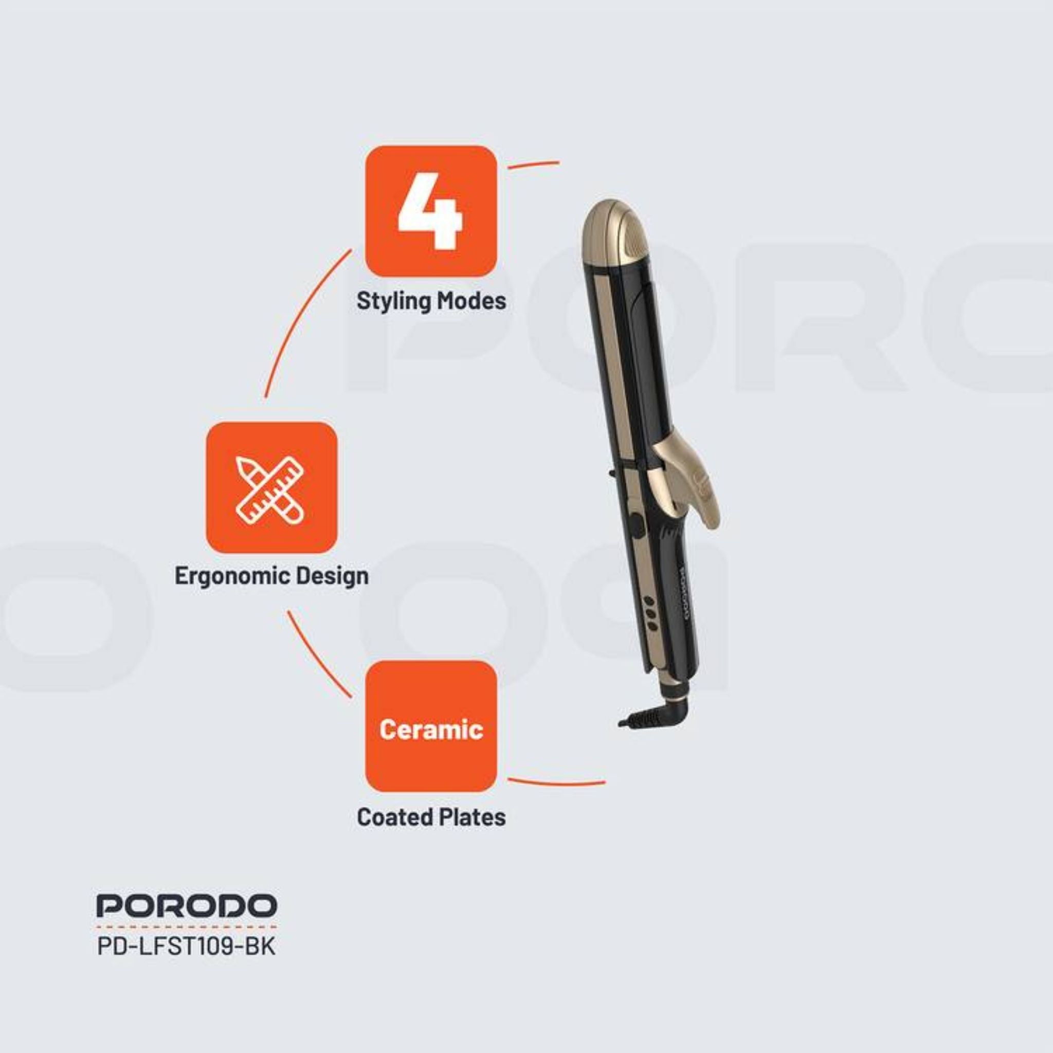 Porodo Lifestyle Hair Iron with 4 Styling Modes, Heat-Resistant Design, 12 Temperature Control Settings, LED Display, 60W Rated Power, Quick Heating - Black
