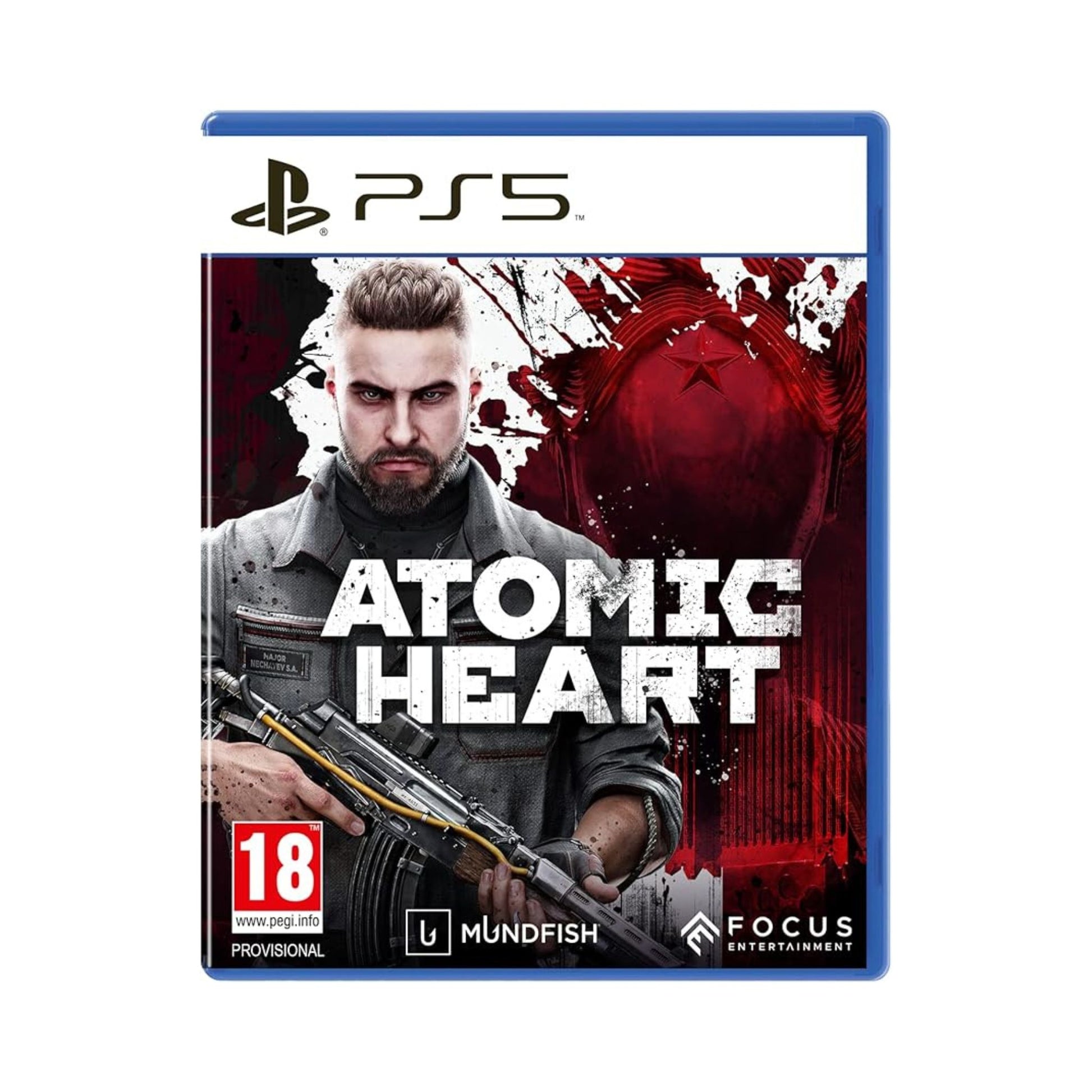 Game case for 'Atomic Heart' for PS5 with a character holding a gun on a white background