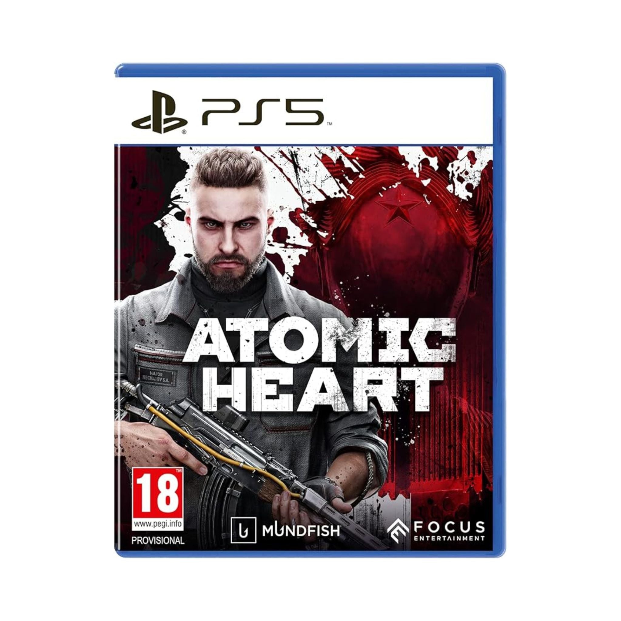 Game case for 'Atomic Heart' for PS5 with a character holding a gun on a white background