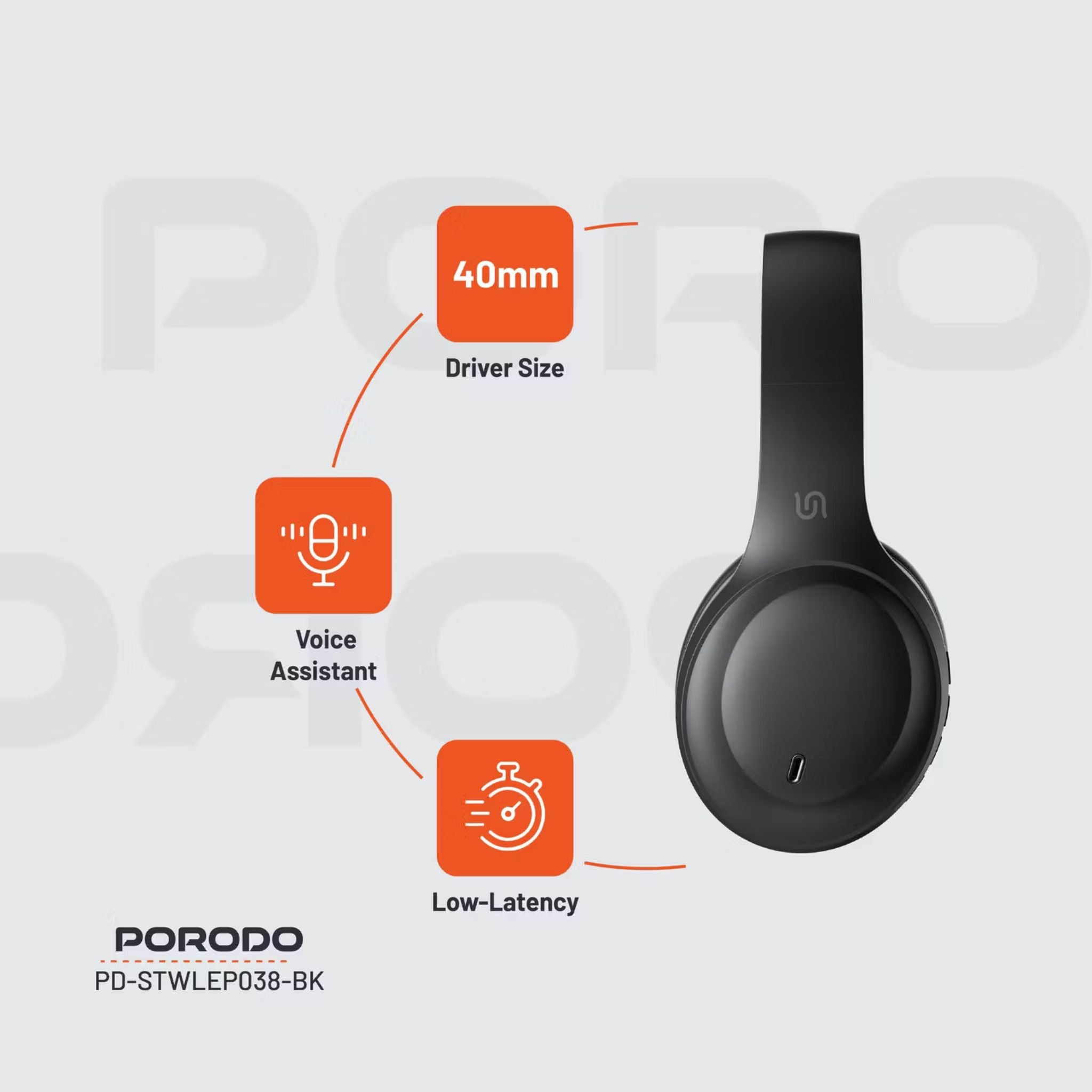 Porodo Soundtec Wireless Headphones with ENC & Low-Latency Gaming Mode, 400mAh Battery Capacity, 1.5 Hours Charging Time, 50 Hours Working Time, Type C Charging Port, Bluetooth Version 5.4, Voice Assistant - Black