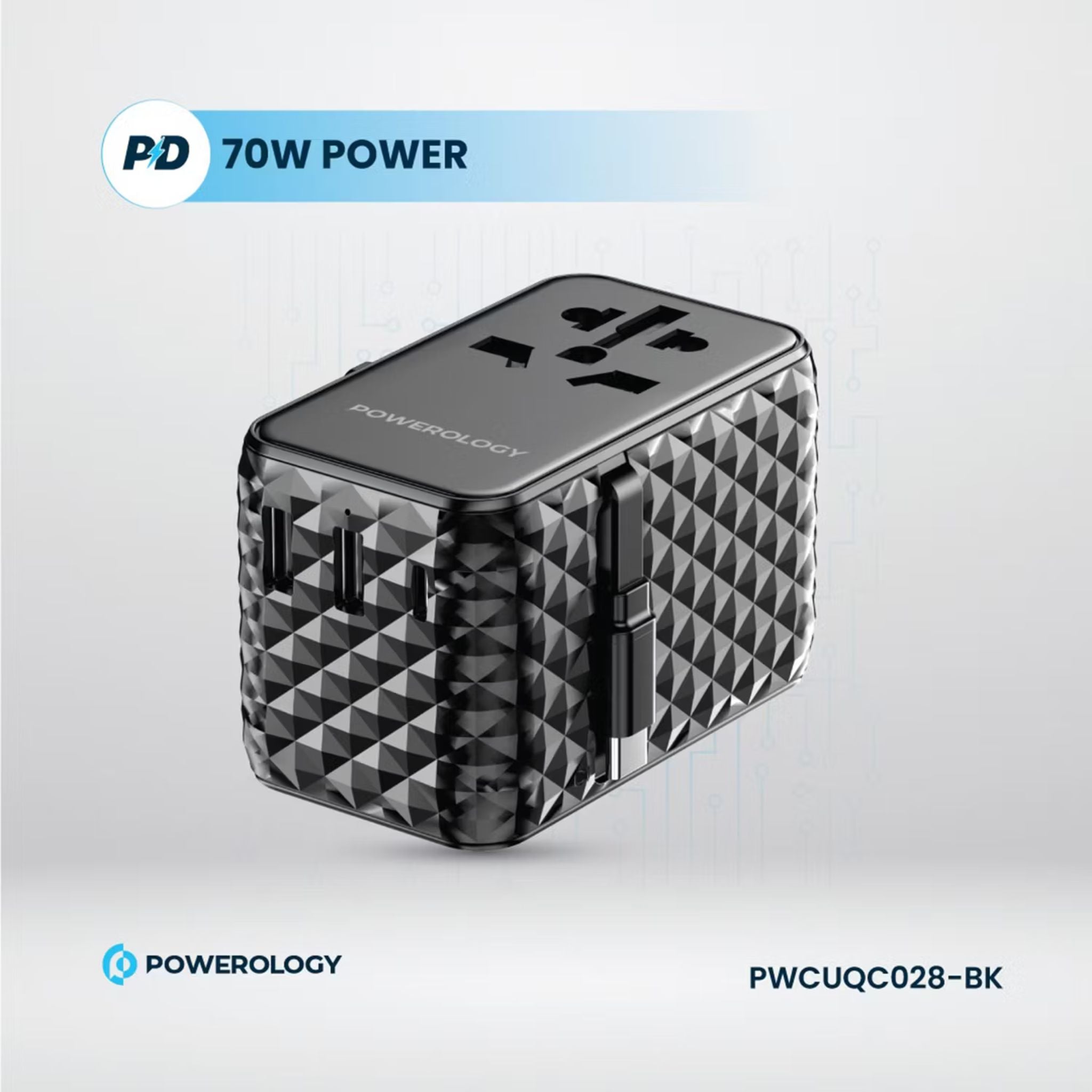 Powerology GaN 20W PD Universal Adapter with Retractable Type-C Cable, Simultaneous Charging, Includes Spare Fuse, Built-In Safeguard - Black