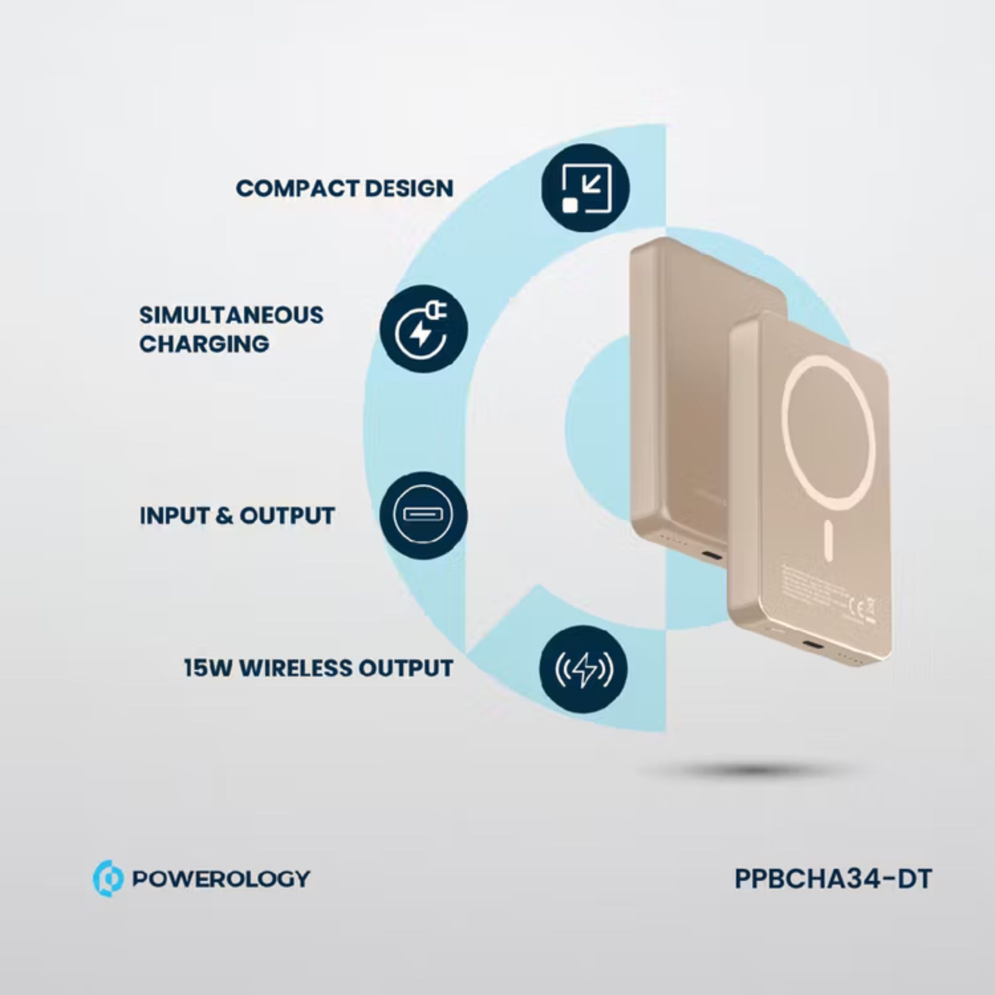 Powerology 10000mAh MagSafe Aluminum Power Bank with Battery Level Indicator, Lightweight & Compact Design, Fast & Simultaneous Charging, Type-C Input & Output, 15W Wireless Output - Desert Titanium