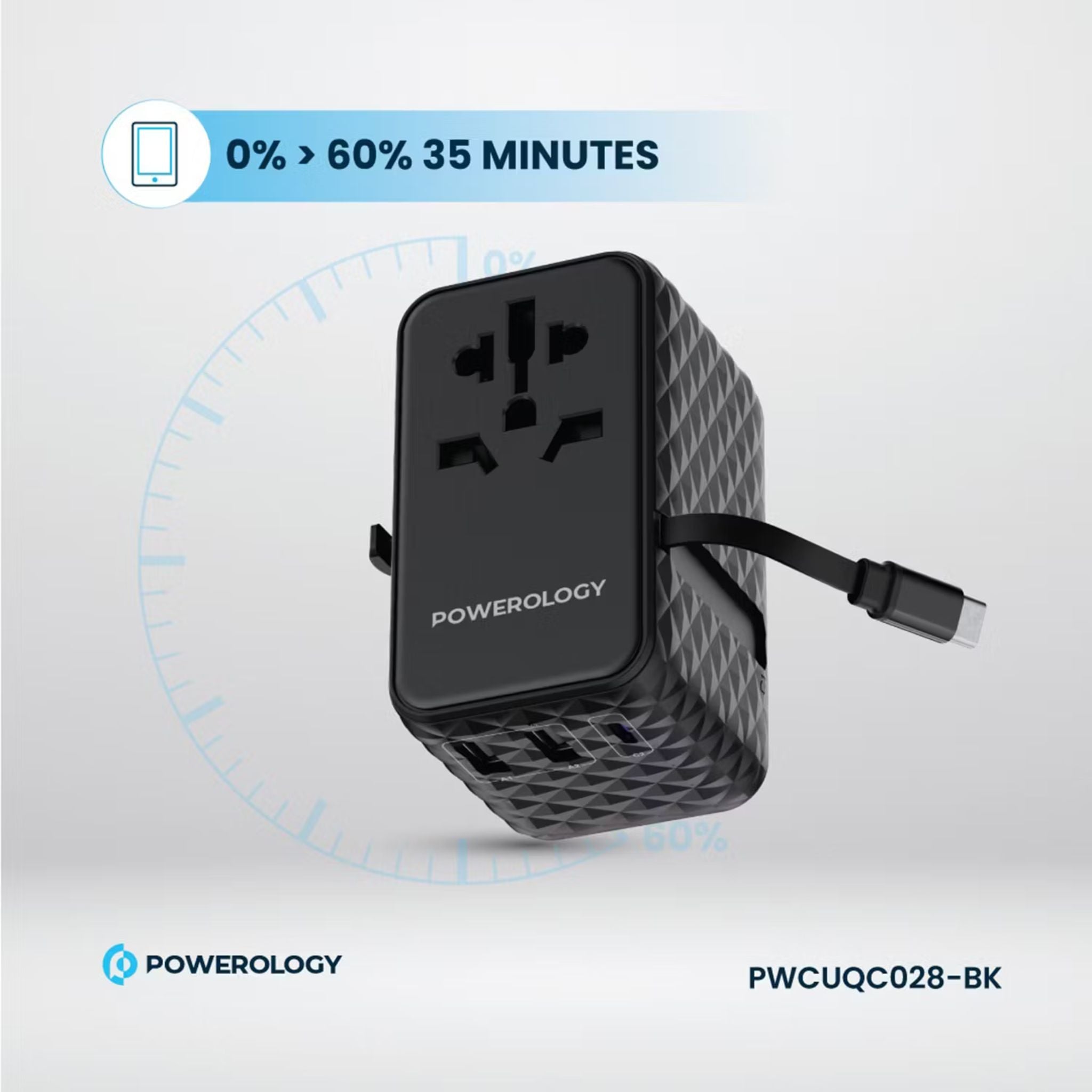 Powerology GaN 20W PD Universal Adapter with Retractable Type-C Cable, Simultaneous Charging, Includes Spare Fuse, Built-In Safeguard - Black