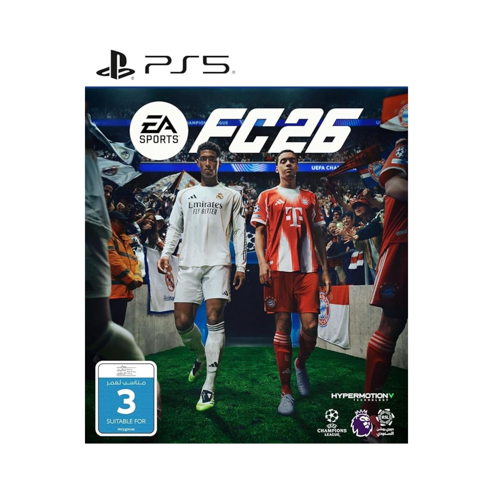 EA Sports FC 26 video game cover featuring two soccer players on a field with PS5 logo.