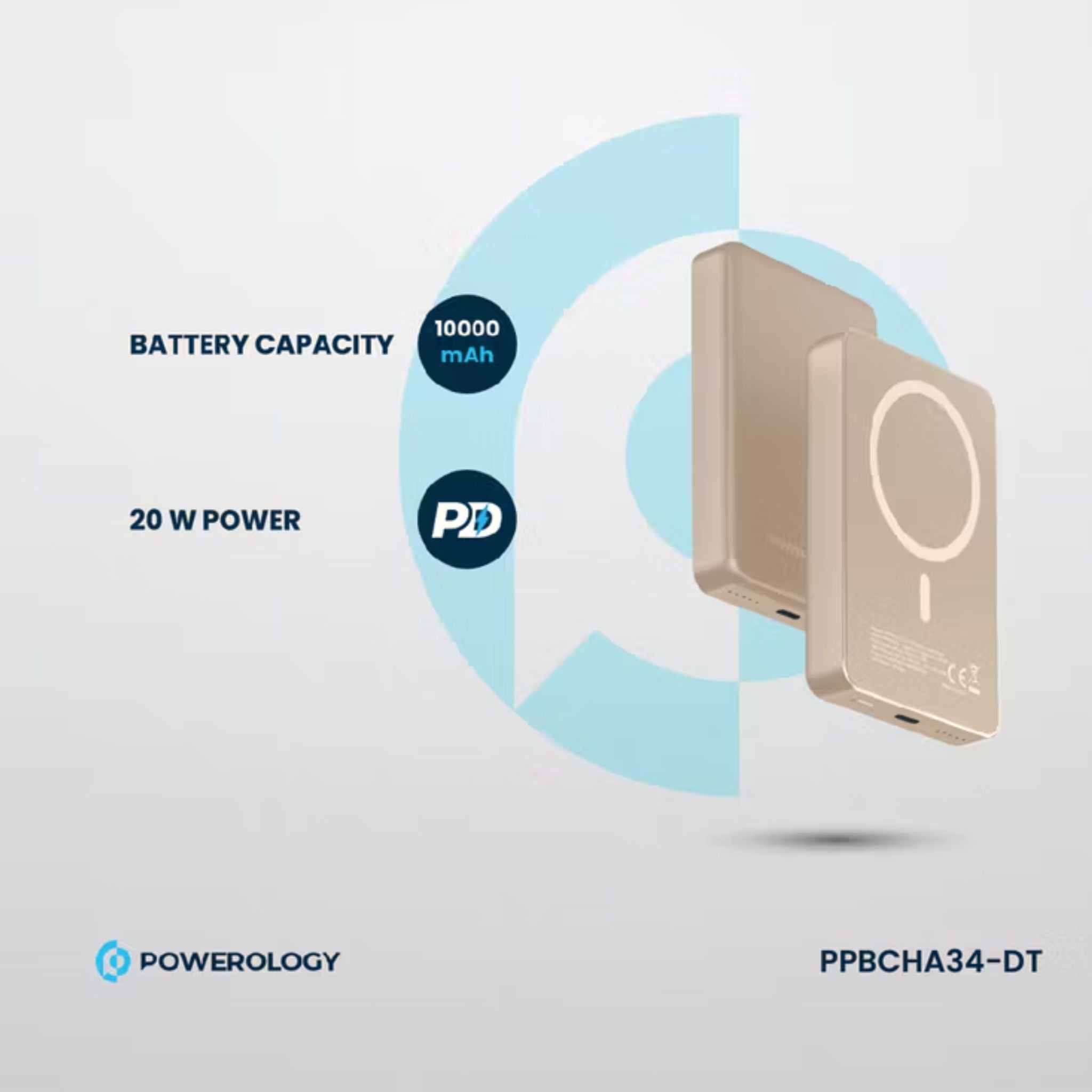 Powerology 10000mAh MagSafe Aluminum Power Bank with Battery Level Indicator, Lightweight & Compact Design, Fast & Simultaneous Charging, Type-C Input & Output, 15W Wireless Output - Desert Titanium