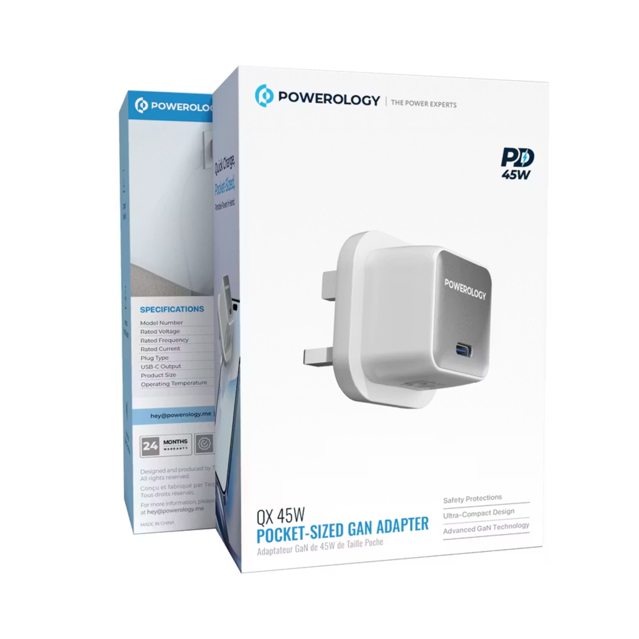 Powerology QX 45W Pocket-Sized GaN Adapter with Safety Protections, USB-C Port, Ultra-Compact Design, UK 3-Pin Plug, PD 45W - White / Silver