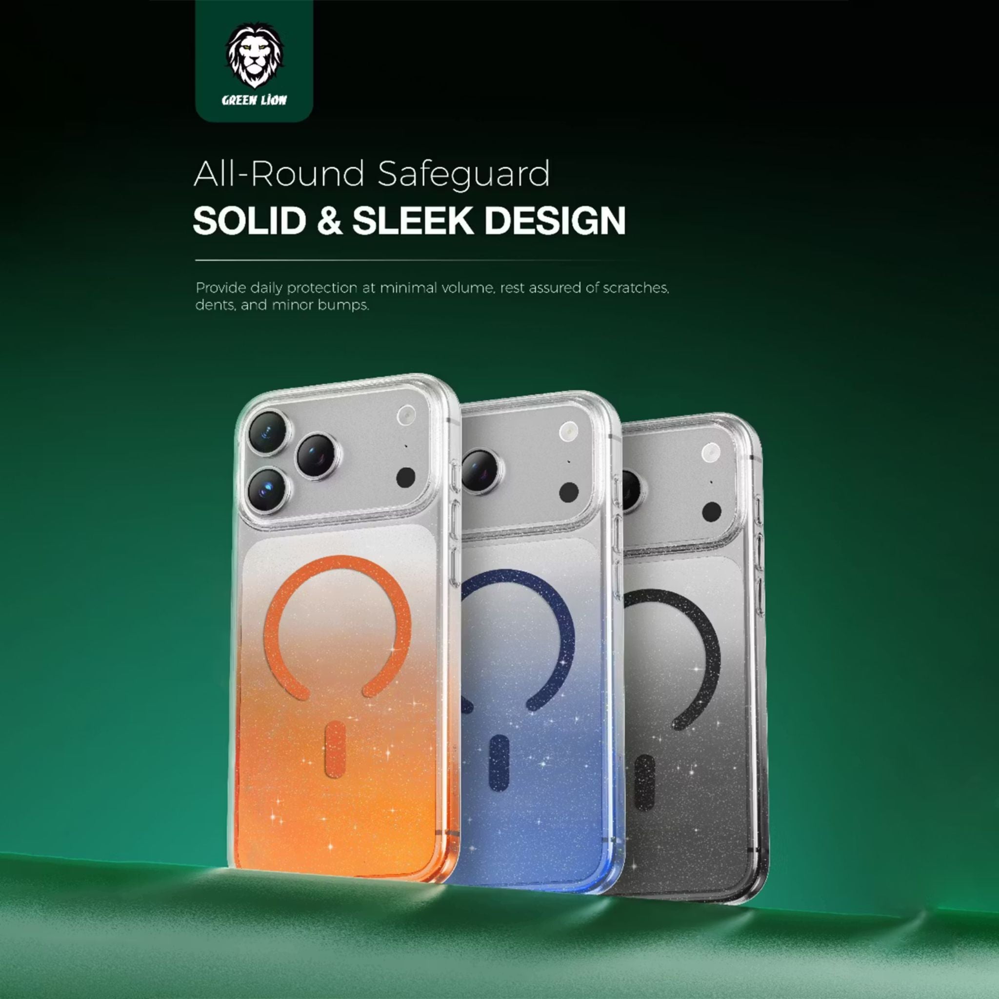 Green Lion Glitter MagSafe Case for iPhone 17 Pro Max, Anti-Fingerprint & Anti-Scratch, Comfortable Grip, Camera Protection, Anti-Yellowing, Ultra-Slim & Lightweight Design - Black