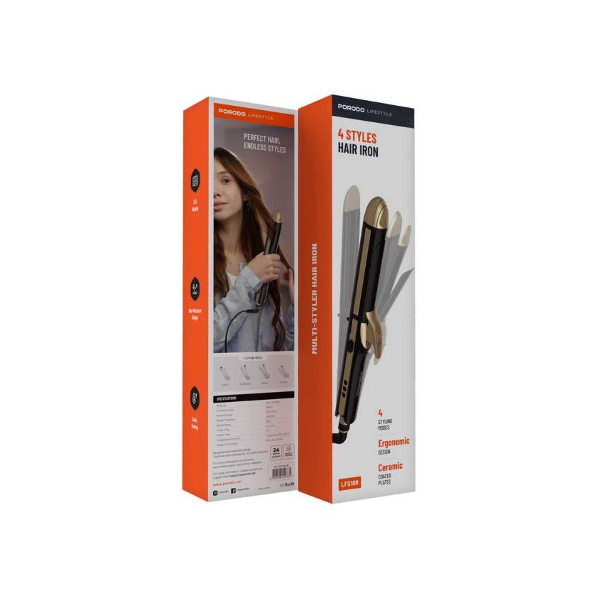 Porodo Lifestyle Hair Iron with 4 Styling Modes, Heat-Resistant Design, 12 Temperature Control Settings, LED Display, 60W Rated Power, Quick Heating - Black