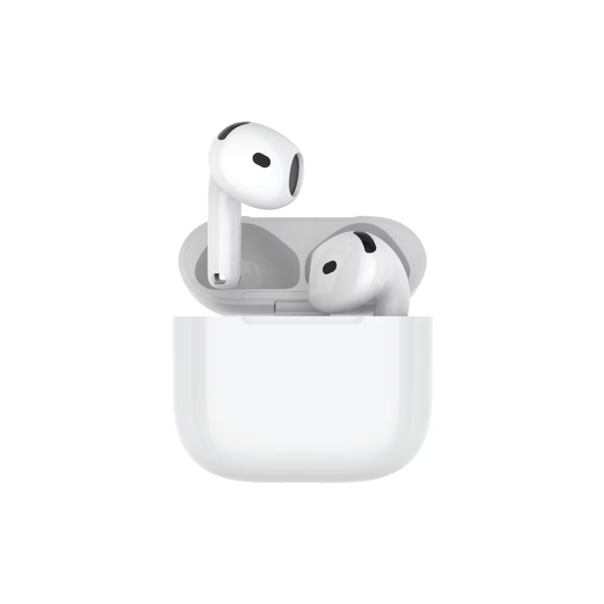 White wireless earbuds in charging case on a white background