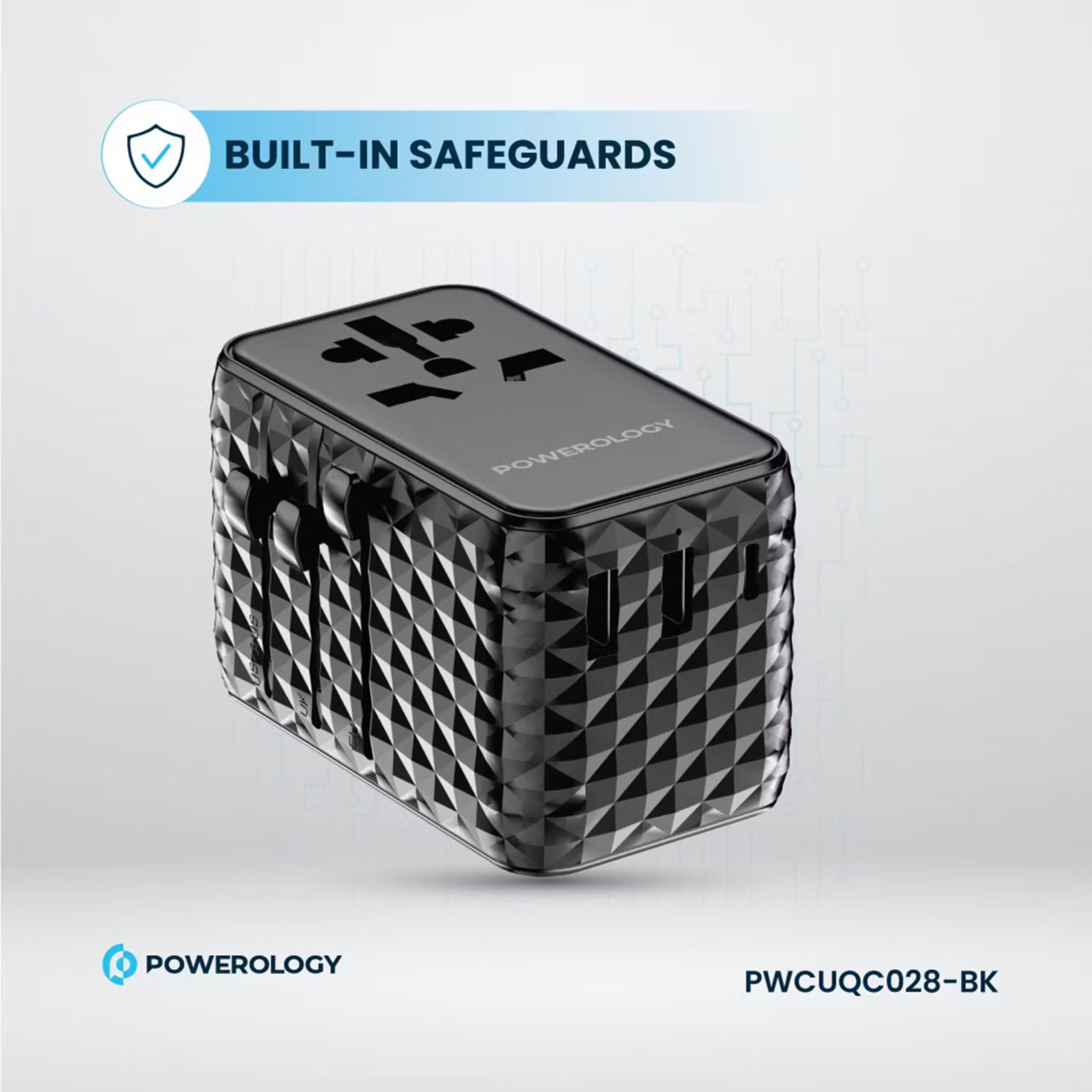 Powerology GaN 20W PD Universal Adapter with Retractable Type-C Cable, Simultaneous Charging, Includes Spare Fuse, Built-In Safeguard - Black