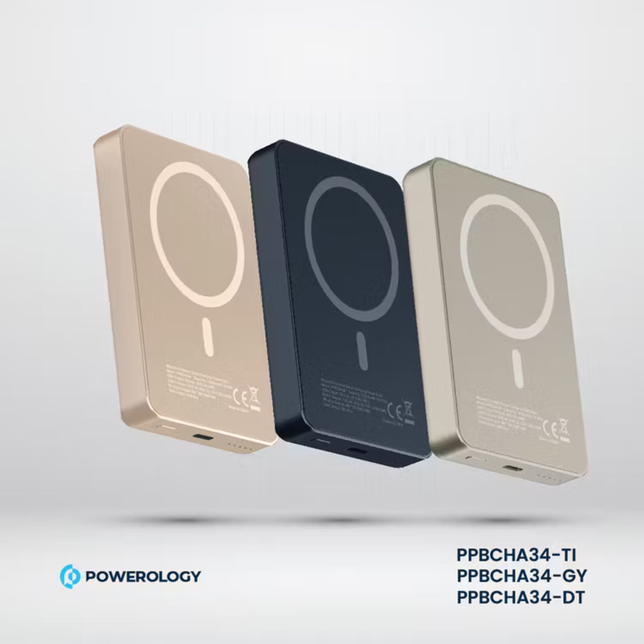 Powerology 10000mAh MagSafe Aluminum Power Bank with Battery Level Indicator, Lightweight & Compact Design, Fast & Simultaneous Charging, Type-C Input & Output, 15W Wireless Output - Desert Titanium