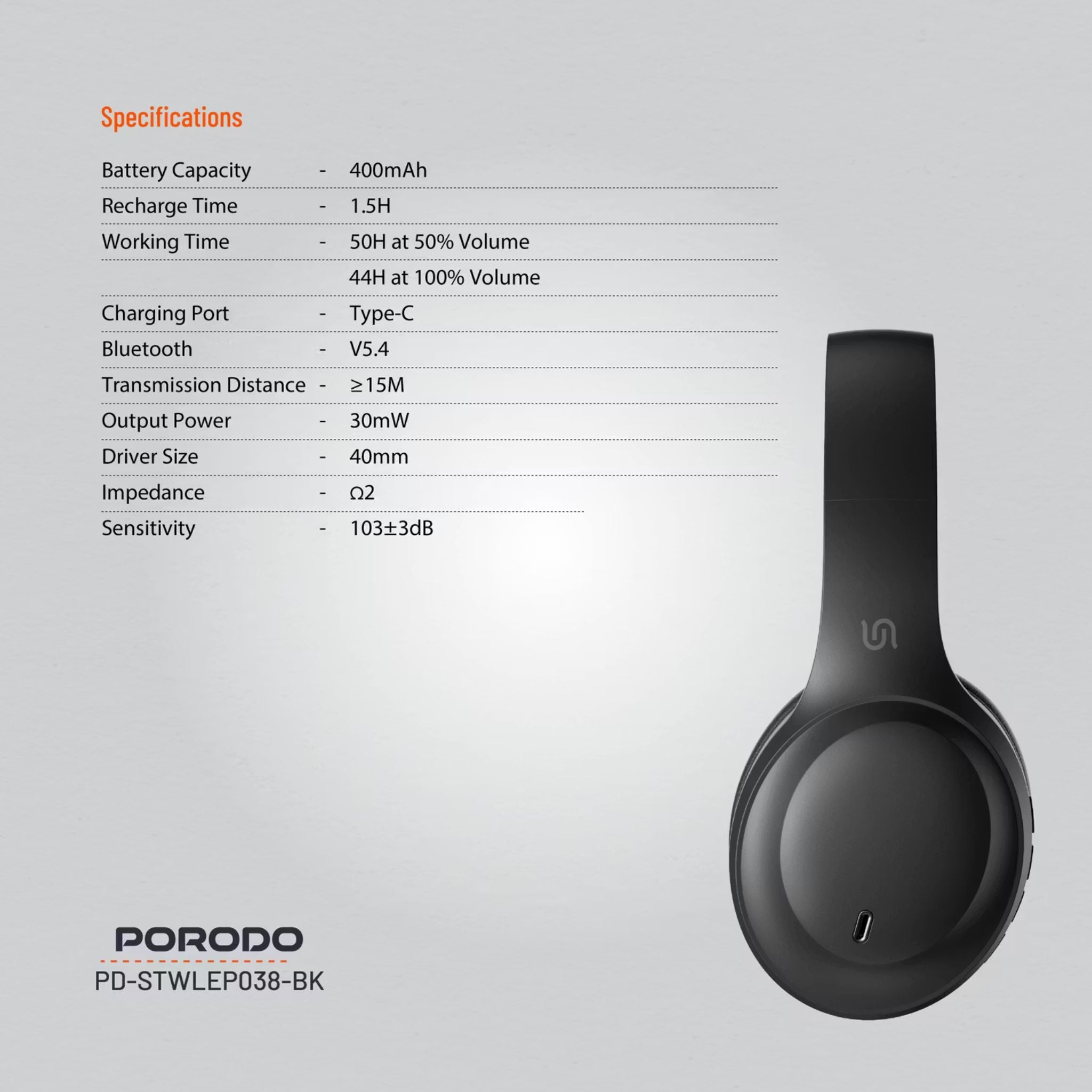 Porodo Soundtec Wireless Headphones with ENC & Low-Latency Gaming Mode, 400mAh Battery Capacity, 1.5 Hours Charging Time, 50 Hours Working Time, Type C Charging Port, Bluetooth Version 5.4, Voice Assistant - Black