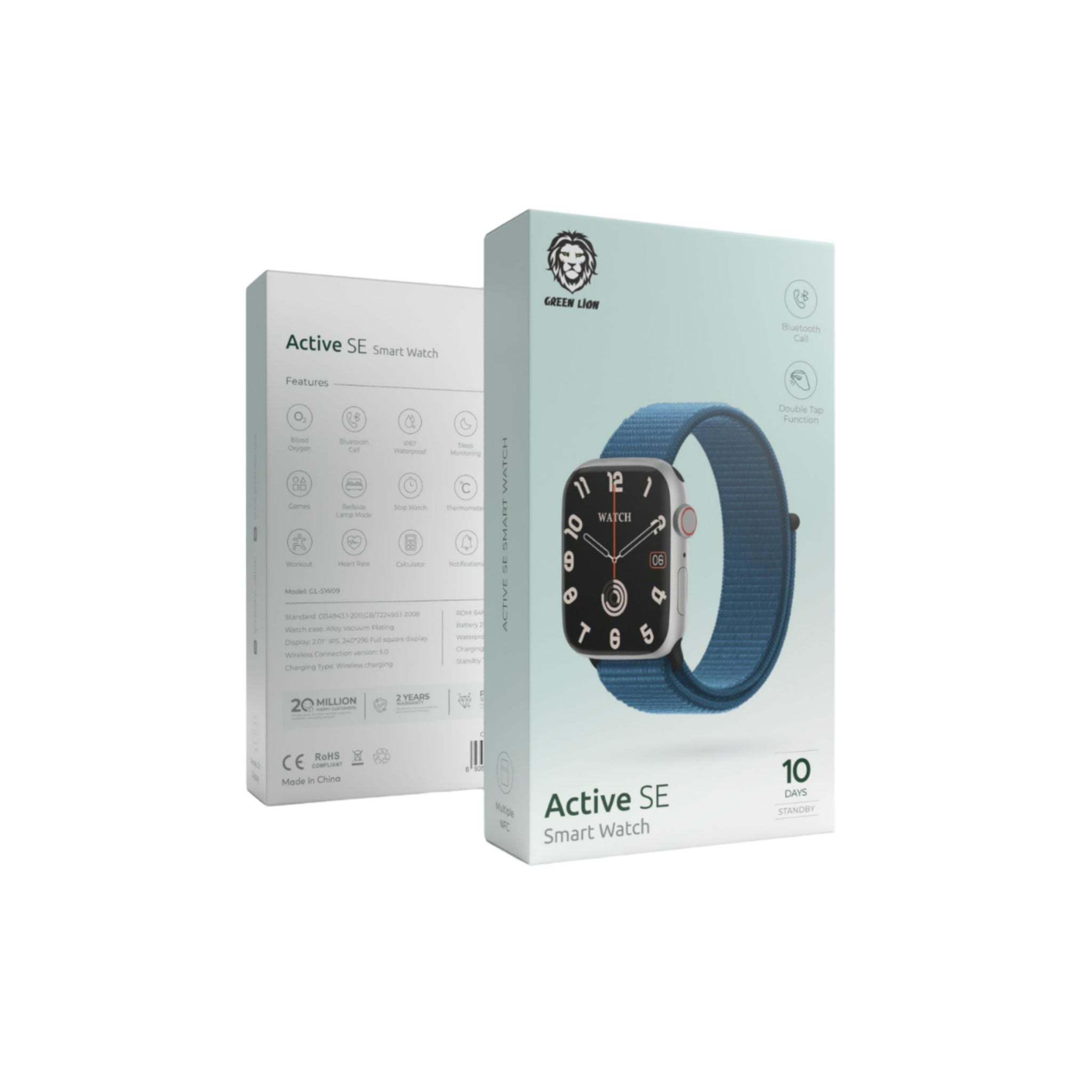 Green Lion Active SE Smart Watch with Full Square Display, 250mAh Battery, Multiple NFC, Waterproof, Bluetooth Call, Heart Rate Tracker, Wireless Charging, Bedside Lamp Mode - Silver / Blue
