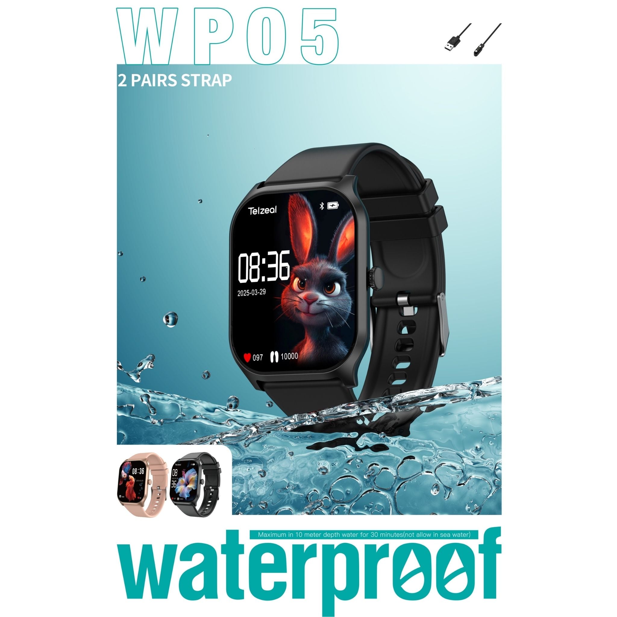 Telzeal WP05 Waterproof Smartwatch with Full-Touch Display, Dual Strap Set (2 Pairs), Stylish & Durable Design – Black