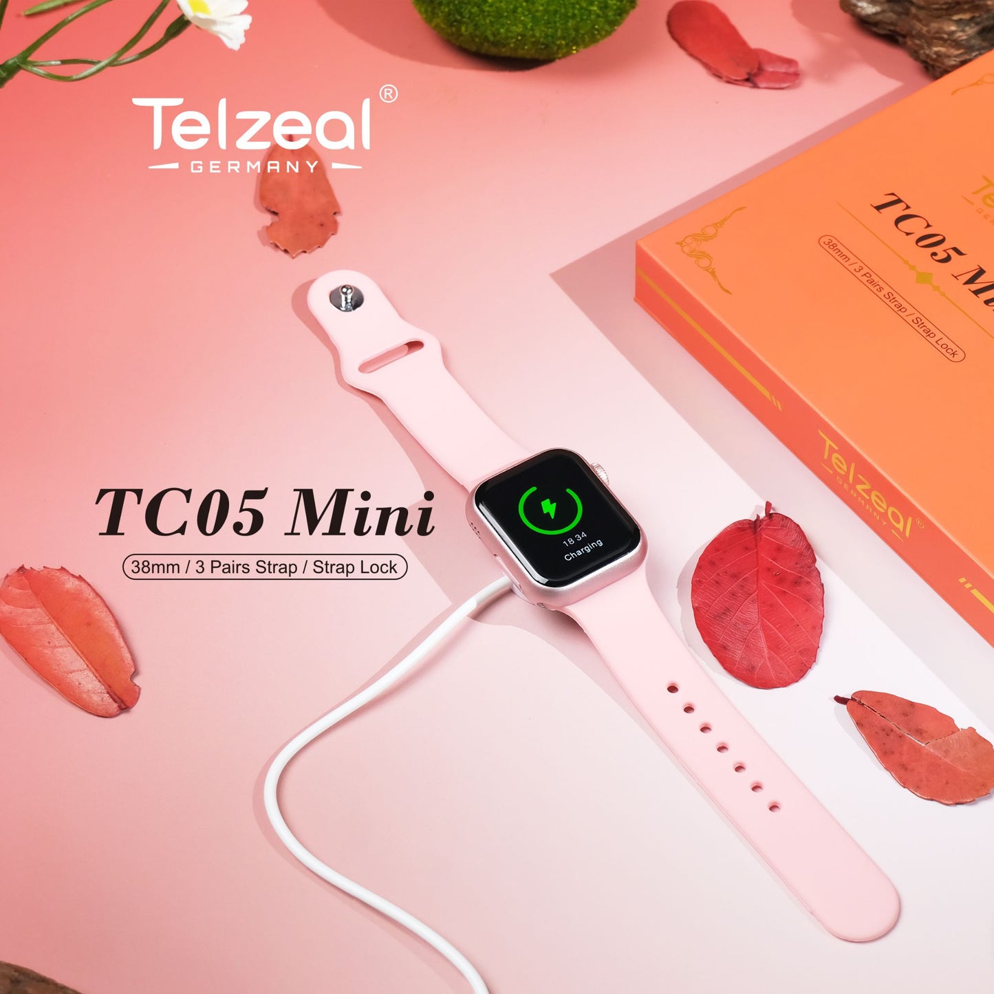 Telzeal TC05 Mini (38mm/3 Pairs Strap/ Strap Lock) Smartwatches_Pink