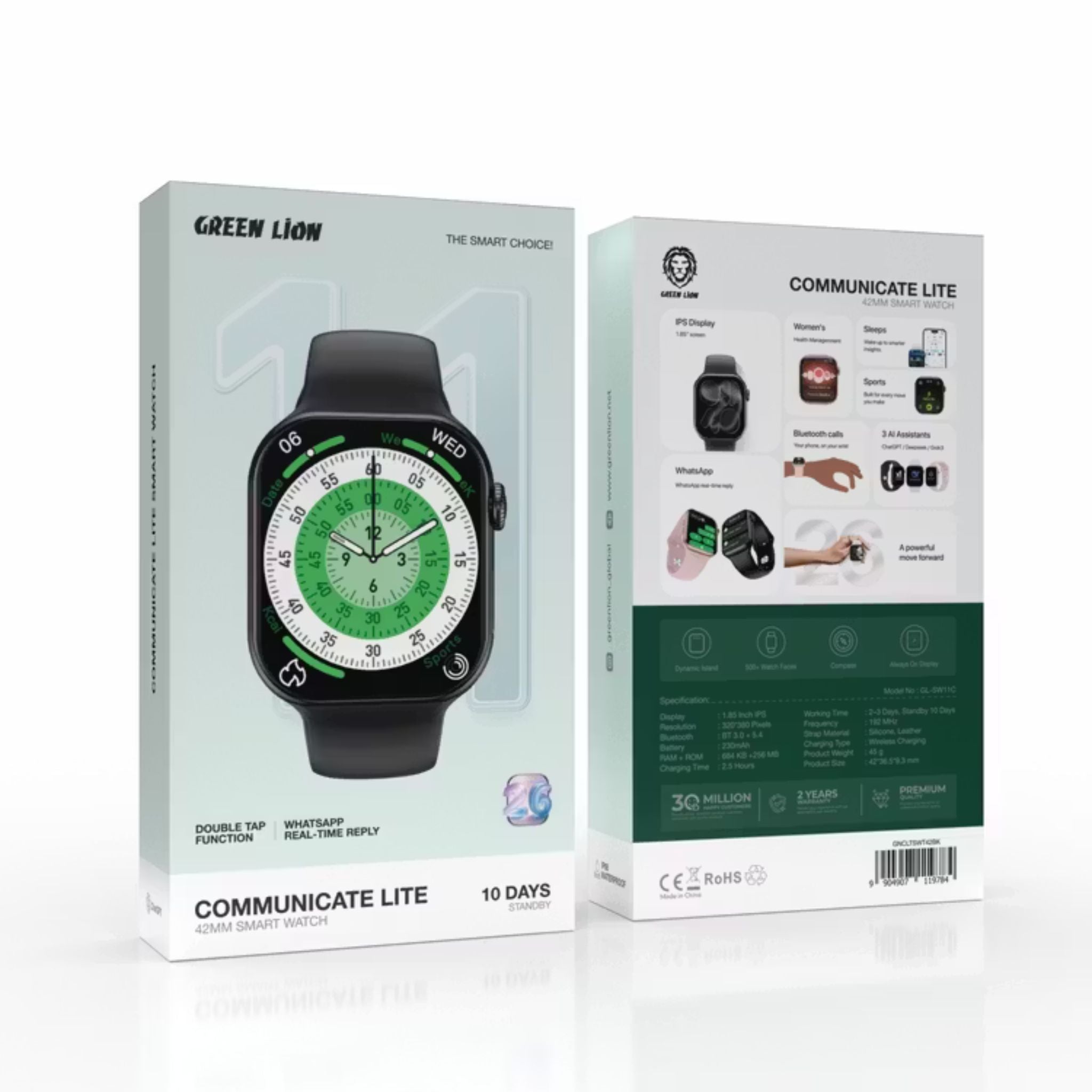 Green Lion Communicate Lite 42mm Smart Watch – 1.85" IPS Display, 230mAh Battery, 2–3 Days Use, 10-Day Standby, Bluetooth 3.0+5.4, Wireless Charging, Double Tap, Dynamic Island, Always-On Display, 500+ Watch Faces – Black