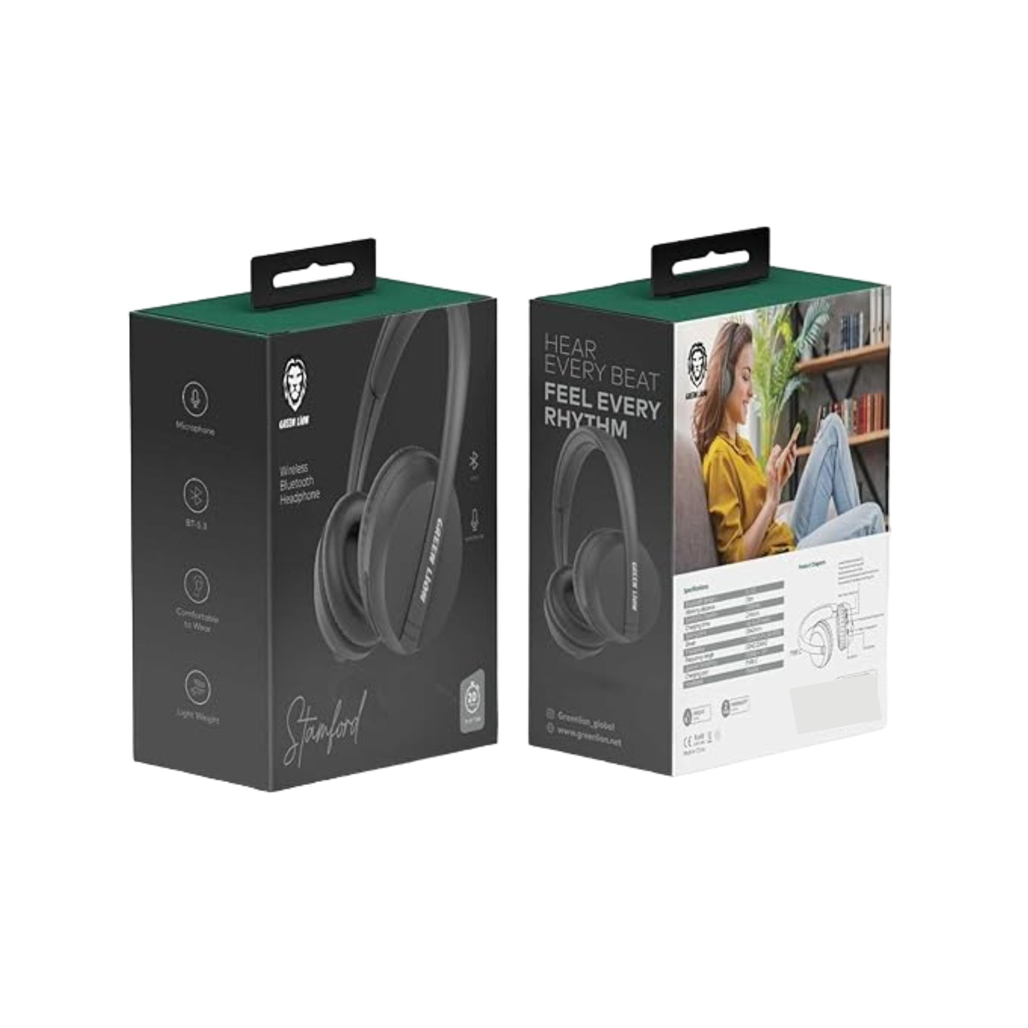 Green Lion Stamford Wireless Headphones, 20 Hours Working Time, 2 Hours Charging Time, 10m Working Distance, 200mAh Earphone Capacity, Built-in Microphone - Black