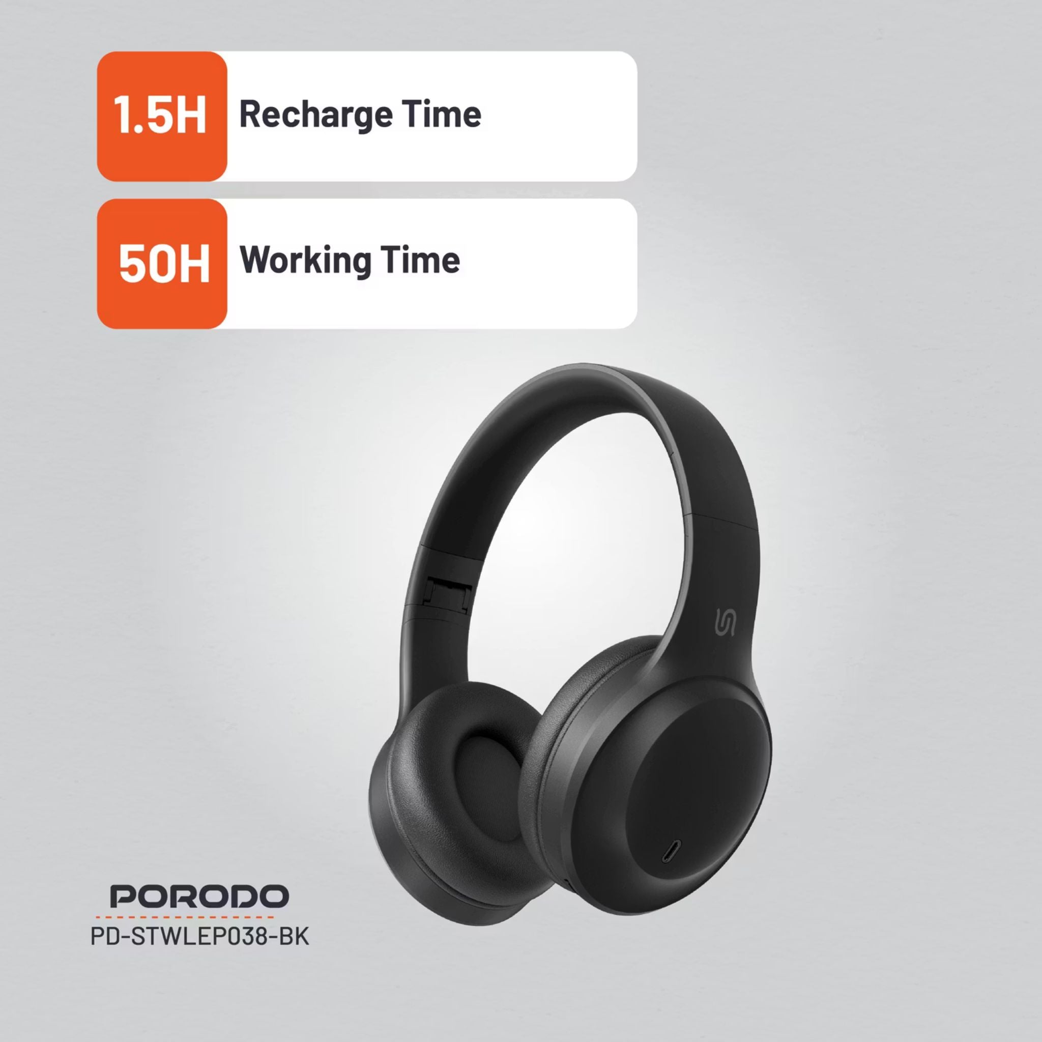 Porodo Soundtec Wireless Headphones with ENC & Low-Latency Gaming Mode, 400mAh Battery Capacity, 1.5 Hours Charging Time, 50 Hours Working Time, Type C Charging Port, Bluetooth Version 5.4, Voice Assistant - Black