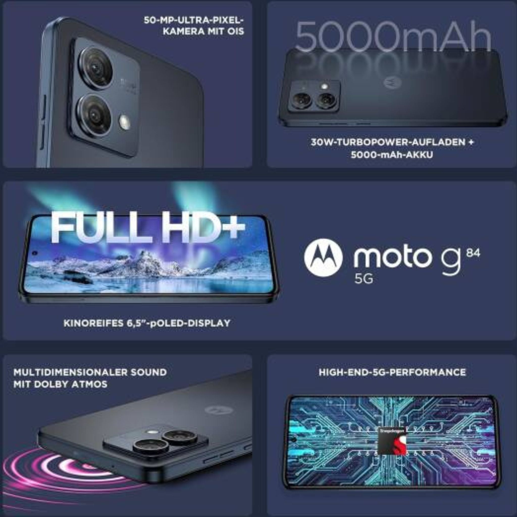 Motorola Moto G84 5G, Dual SIM 8GB RAM 256GB ROM- International Version- Midnight Blue