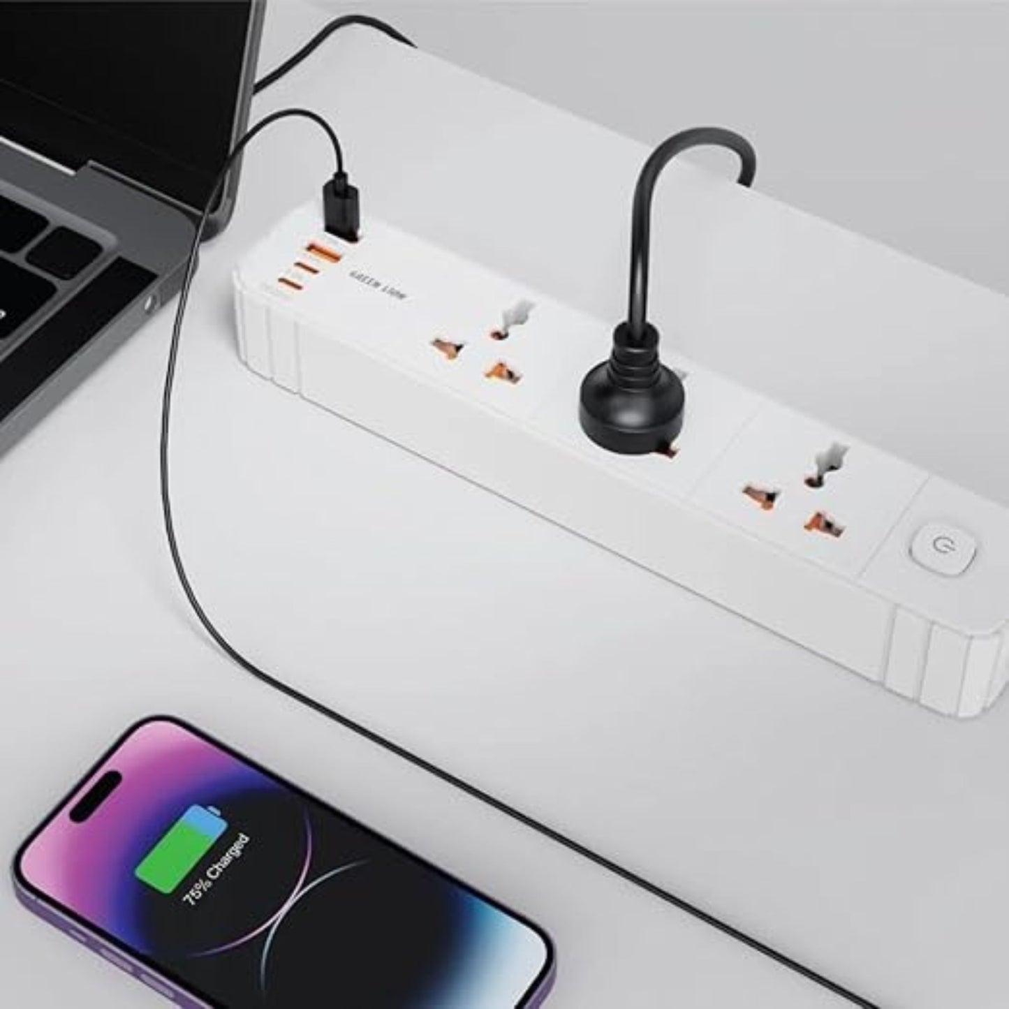 GREEN LION GS-300 Power Socket 2500W / Overload Protection / PC Flame Retardant Material / 10A Rated Current / UK Plug 2Meters Cord / 2 USB Type-C Port & 2 USB Type-A Port / PD 20W Fast Charging - White