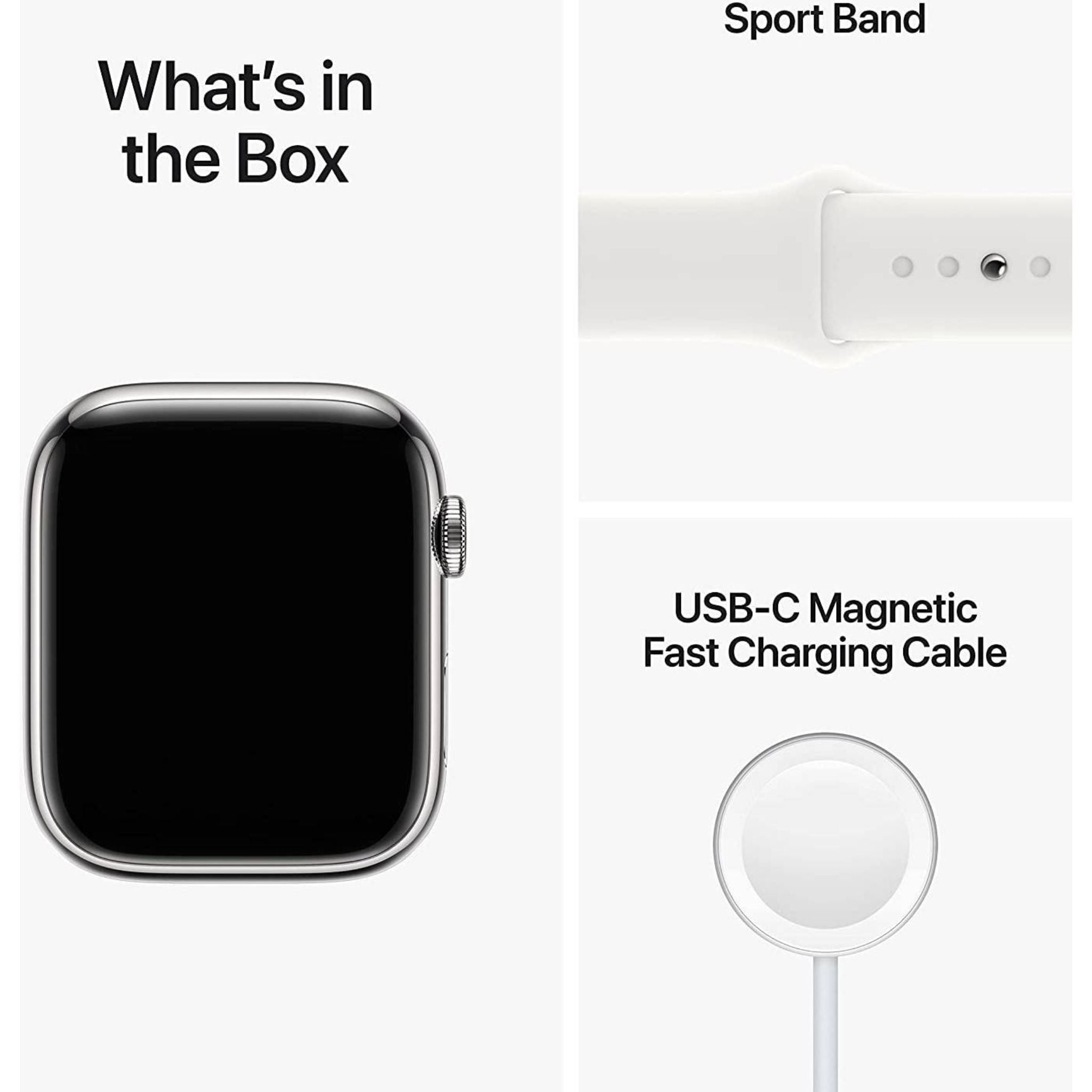 Apple Watch Series 8 GPS + Cellular 45mm Silver Stainless Steel Case With White Sport Band