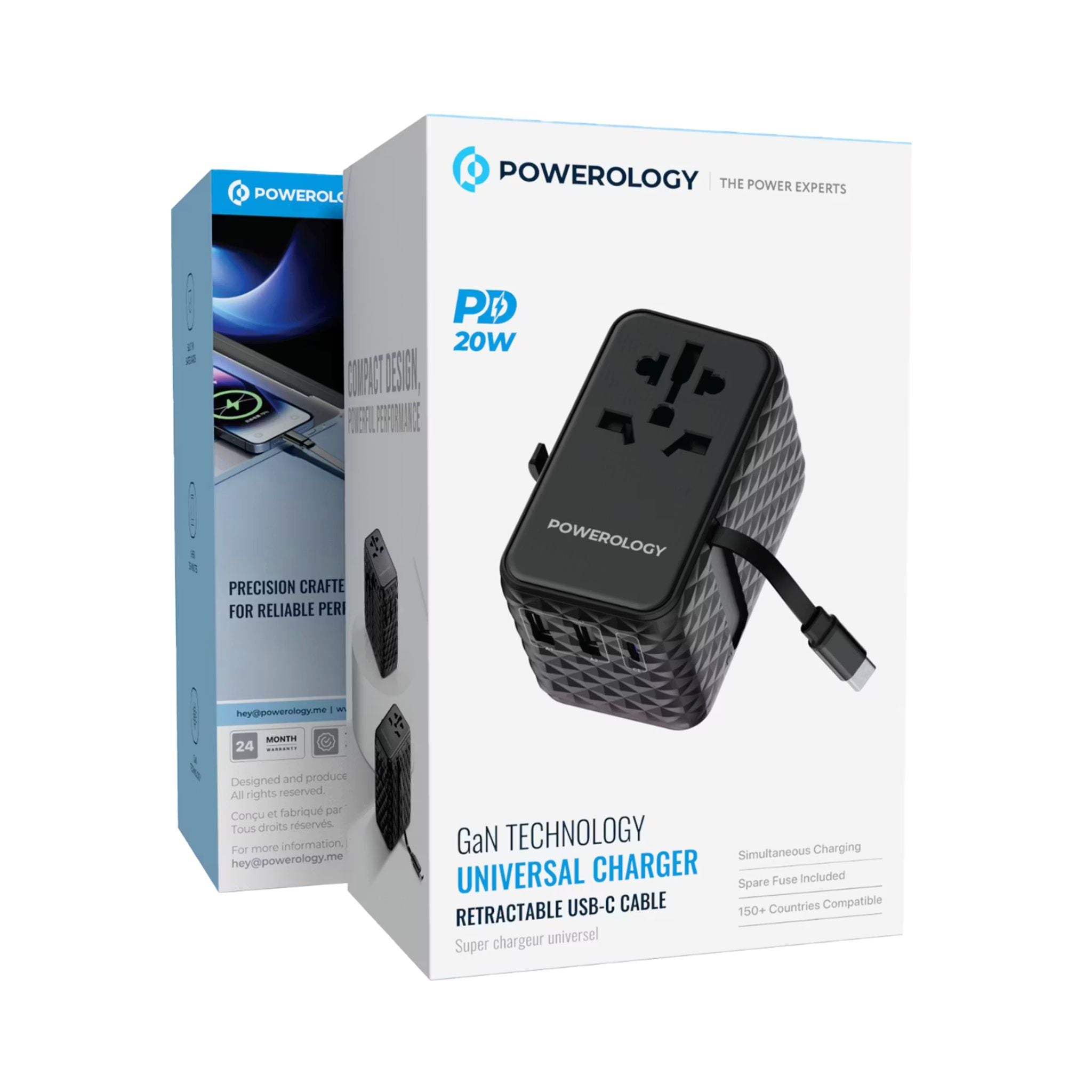 Powerology GaN 20W PD Universal Adapter with Retractable Type-C Cable, Simultaneous Charging, Includes Spare Fuse, Built-In Safeguard - Black