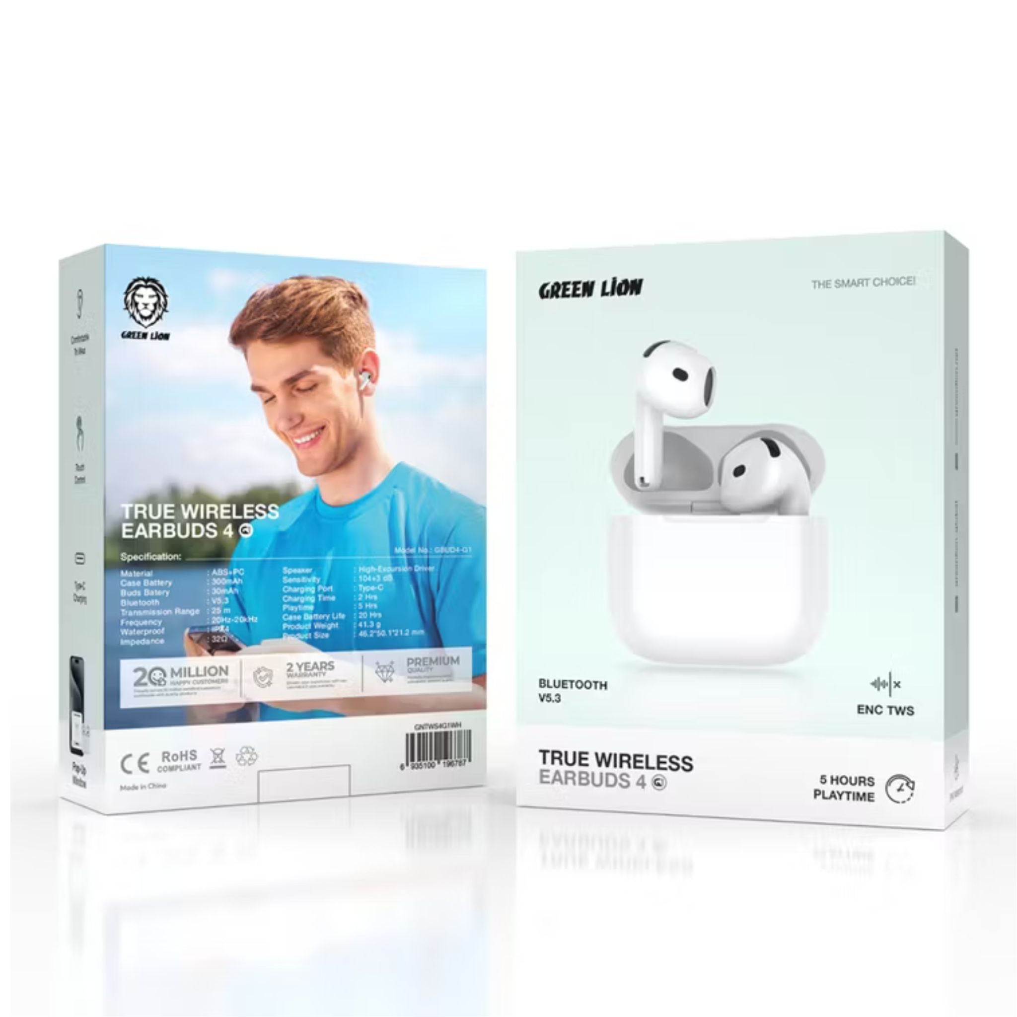 Green Lion True Wireless 4 G1 Earbuds with Touch Control, IPX4 Waterproof, Pop-Up Window, Comfortable to Wear, ENC, 25m Transmission Range