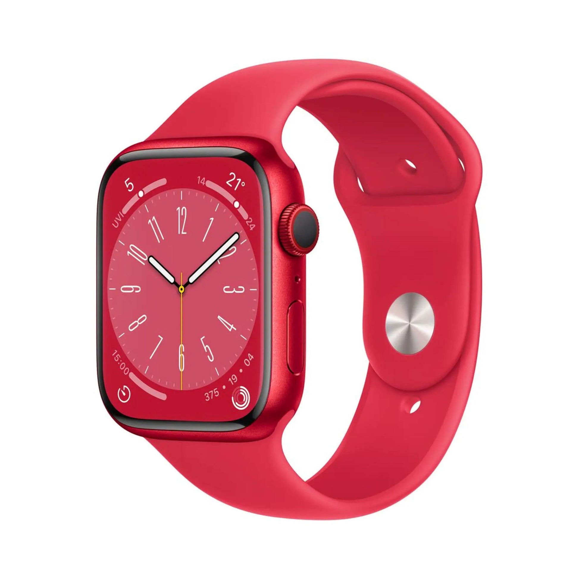 Red smartwatch with a red band on a white background