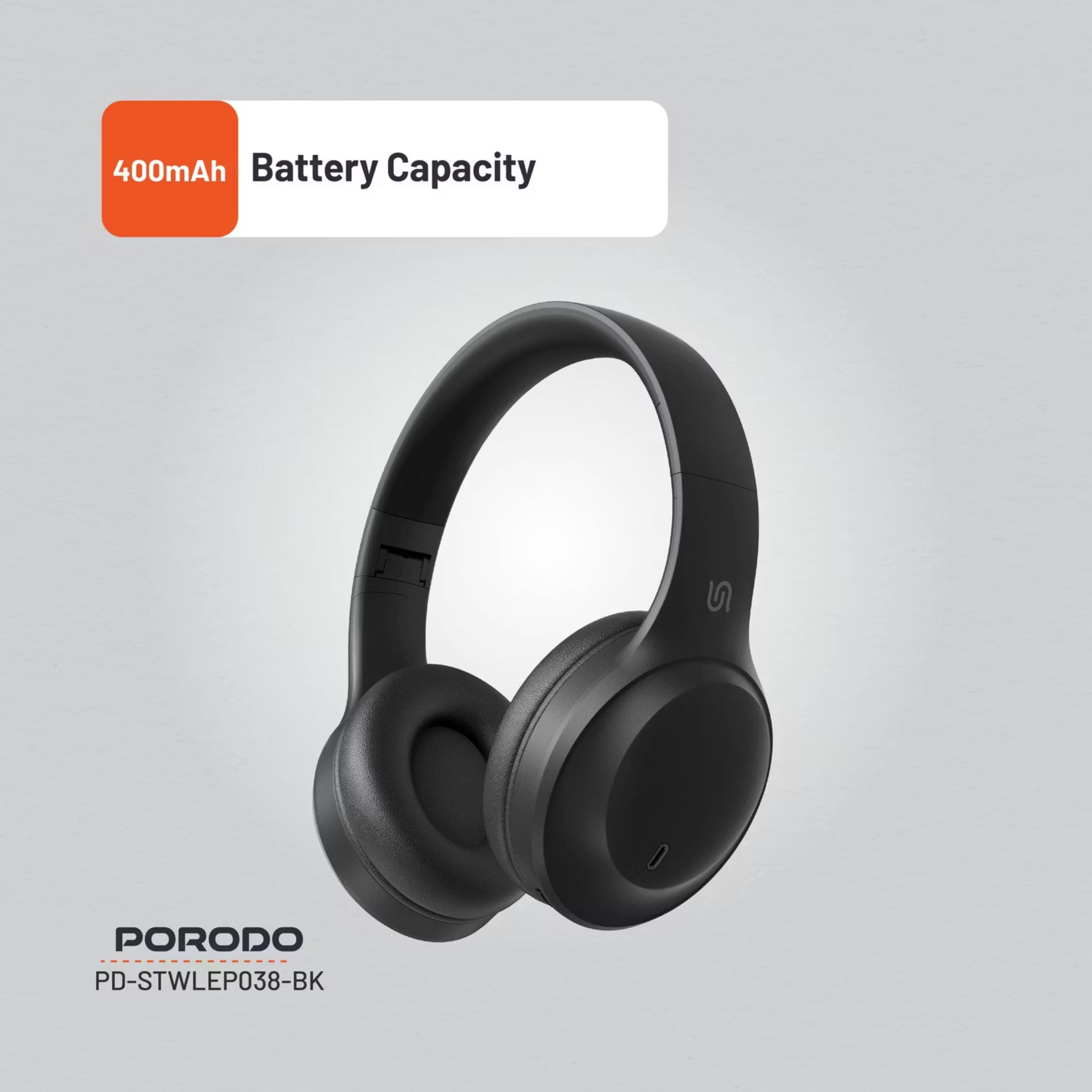 Porodo Soundtec Wireless Headphones with ENC & Low-Latency Gaming Mode, 400mAh Battery Capacity, 1.5 Hours Charging Time, 50 Hours Working Time, Type C Charging Port, Bluetooth Version 5.4, Voice Assistant - Black
