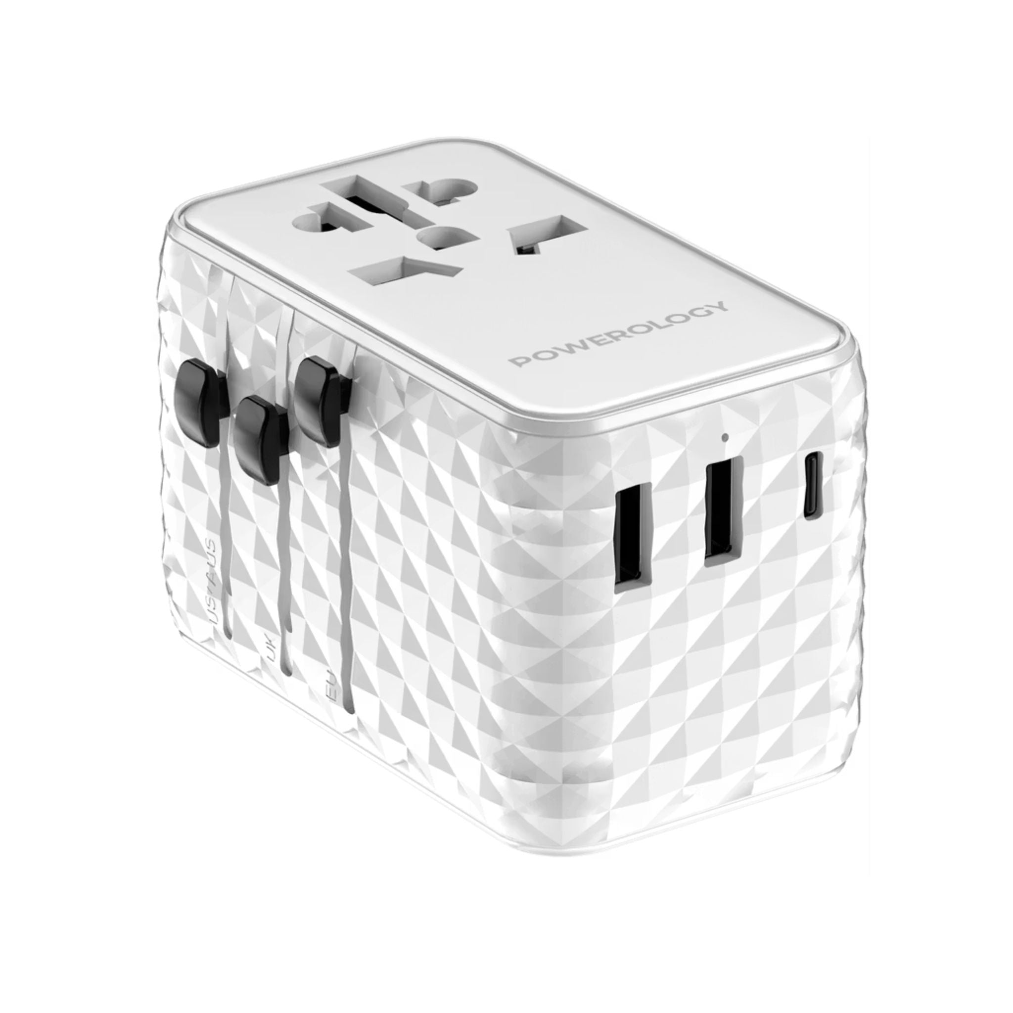 Powerology GaN 20W PD Universal Adapter with Retractable Type-C Cable, Simultaneous Charging, Includes Spare Fuse, Built-In Safeguard - White