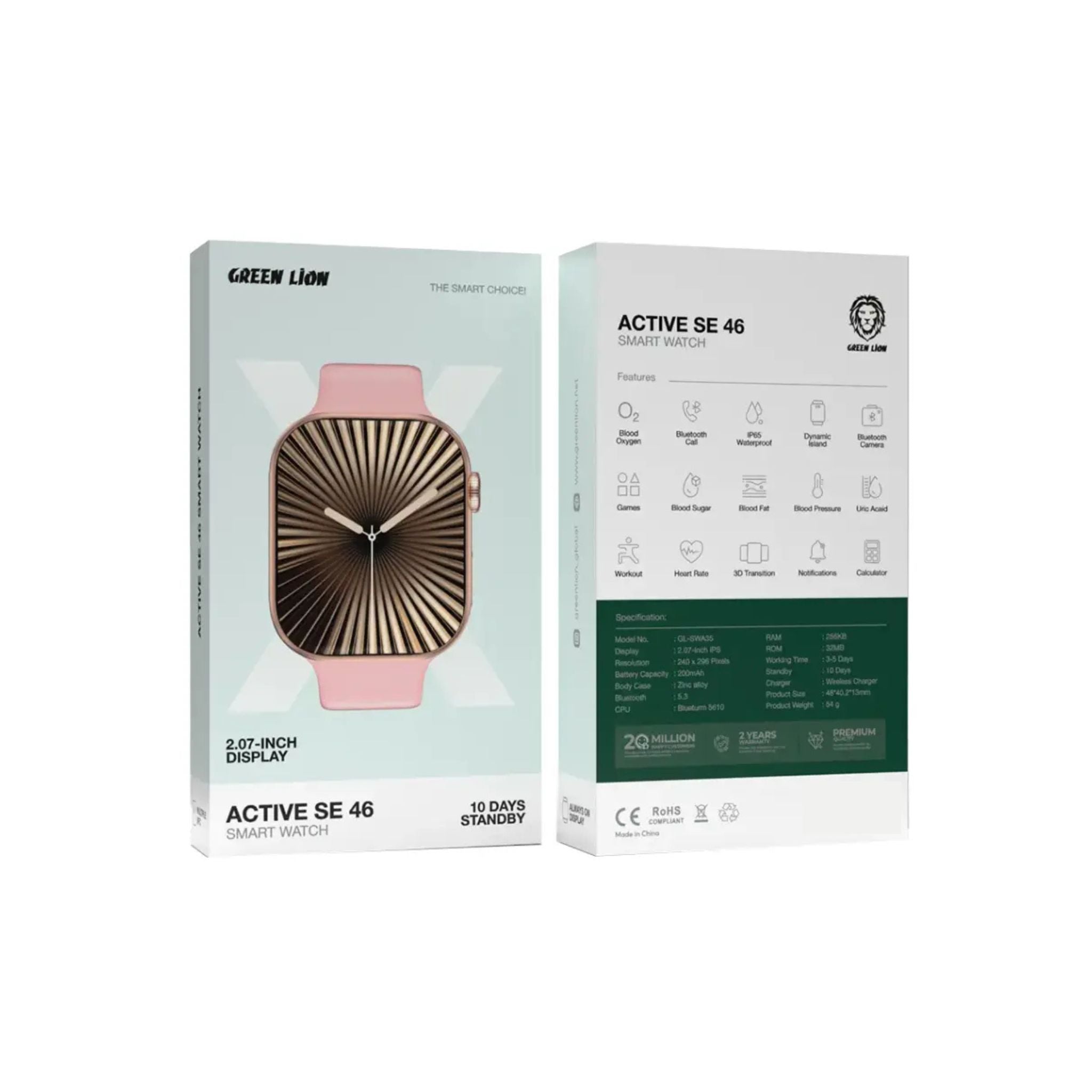 Green Lion Active SE 46 Smart Watch with 2.07" IPS Display Size, 200mAh Battery Capacity, 10 Days Standby, Bluetooth Version 5.3, Wireless Charger Support, Zinc Alloy Body Case Material, 240 × 296 Pixels Resolution, IP65 Waterproof - Rose Gold