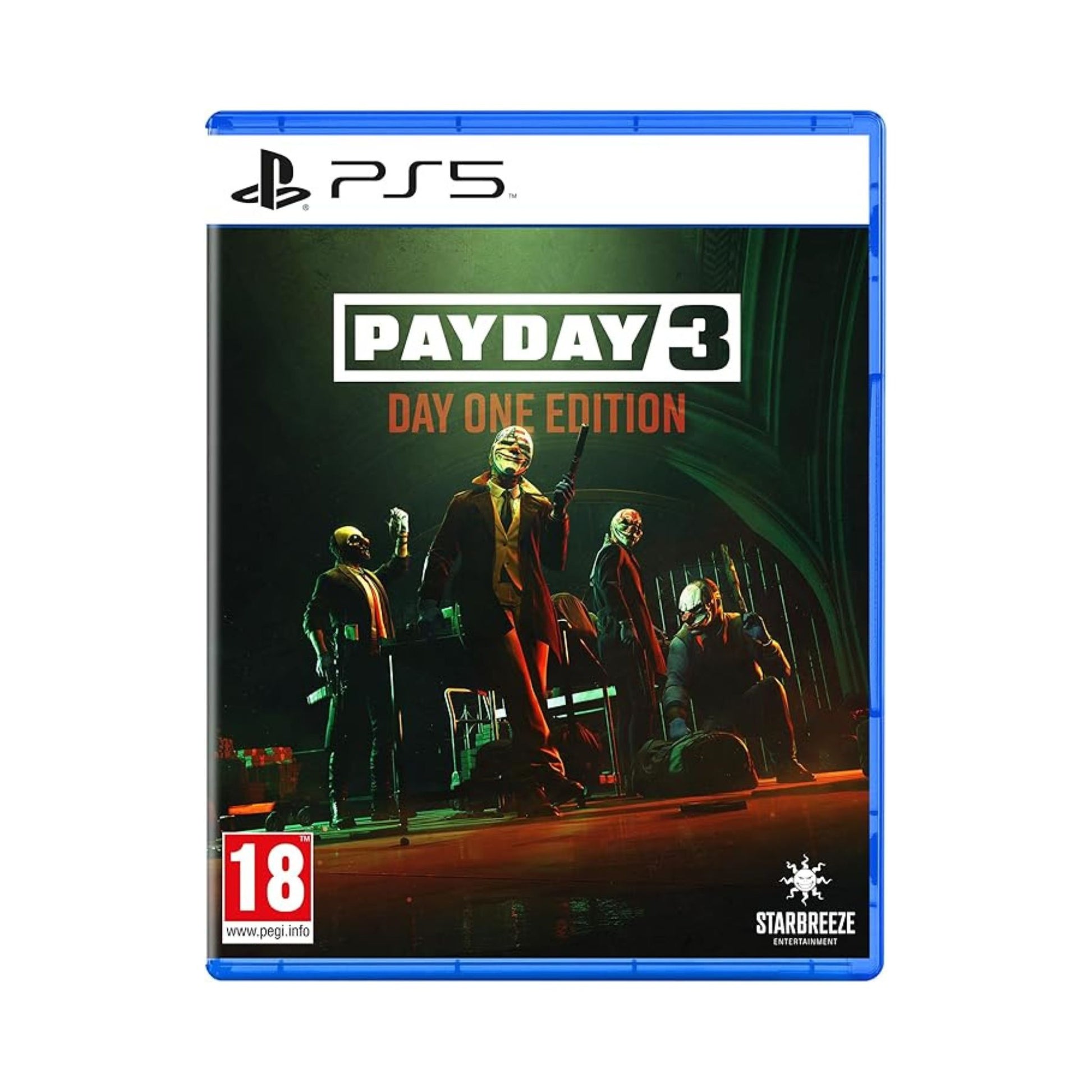PlayStation 5 game disc for 'Payday 3 Day One Edition' with characters on a stage.