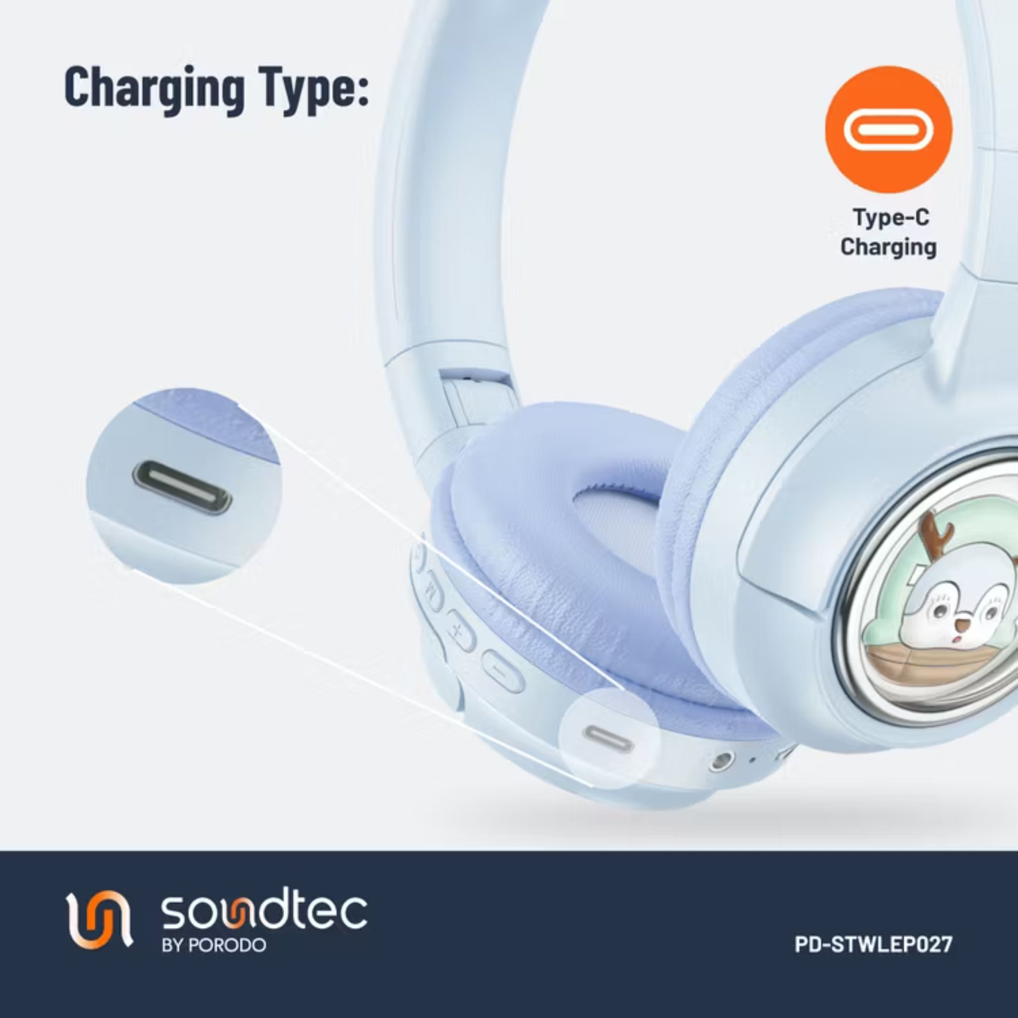 Porodo Soundtec Moose Wireless Kids Headphones with LED Lights, 40mm Speaker, 20 Hours Play Time, Bluetooth 5.3, 400mAh Battery, USB-C Charging Port, Comfort Cushions