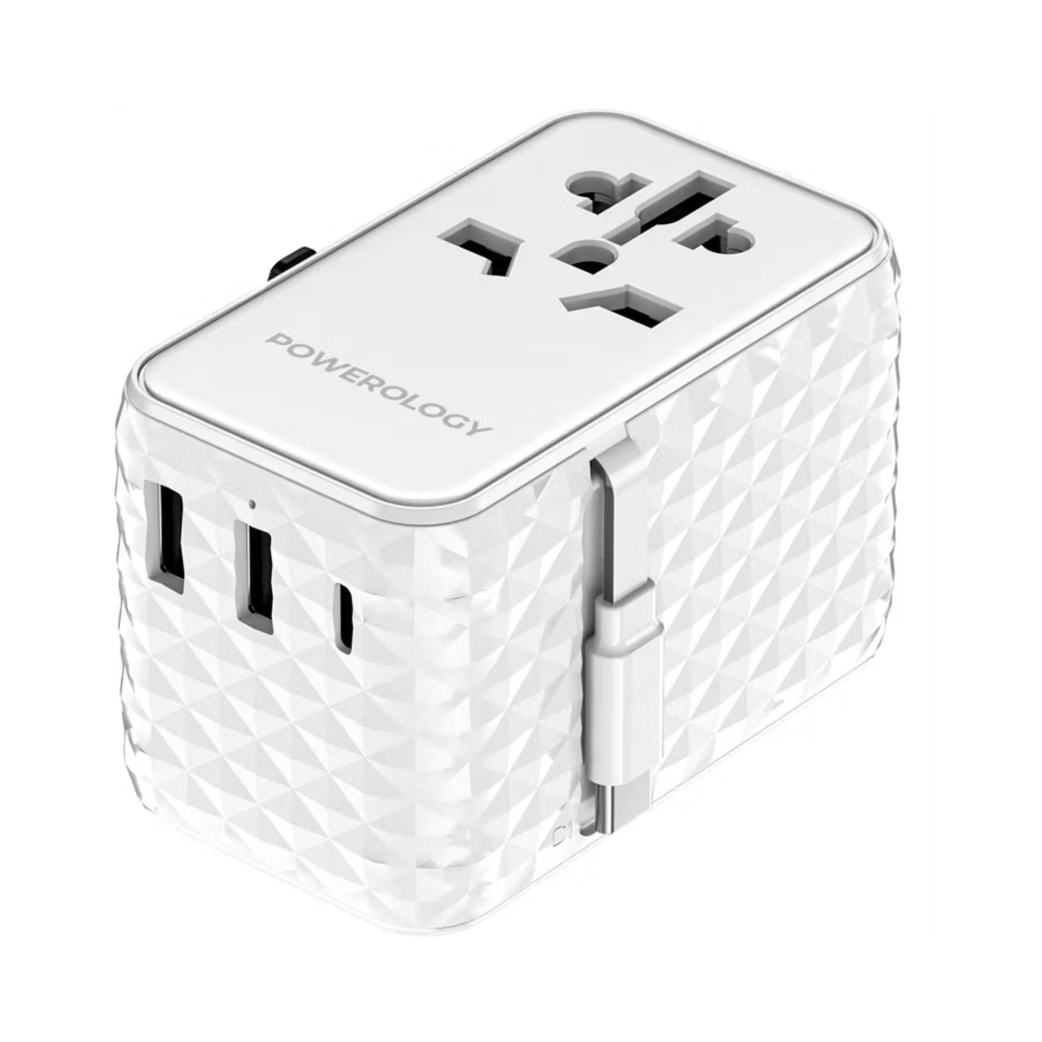 Powerology GaN 20W PD Universal Adapter with Retractable Type-C Cable, Simultaneous Charging, Includes Spare Fuse, Built-In Safeguard - White