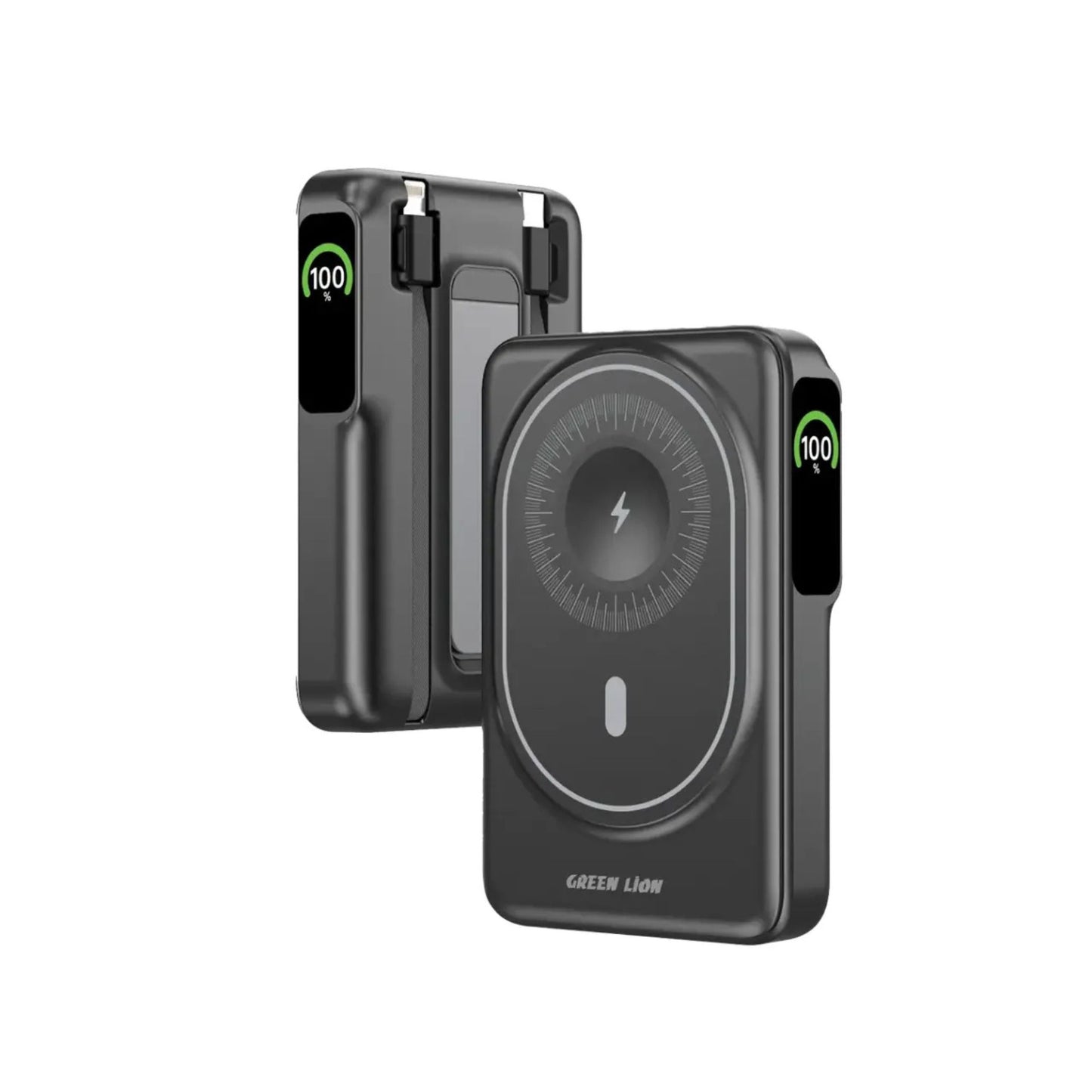 Green Lion Mag-Vision 10000mAh Power Bank with Holding Bracket, 2 Built-in Cables, USB-C Port, Fast Charging Support, 22.5W Power Delivery, 15W Wireless Charging - Black