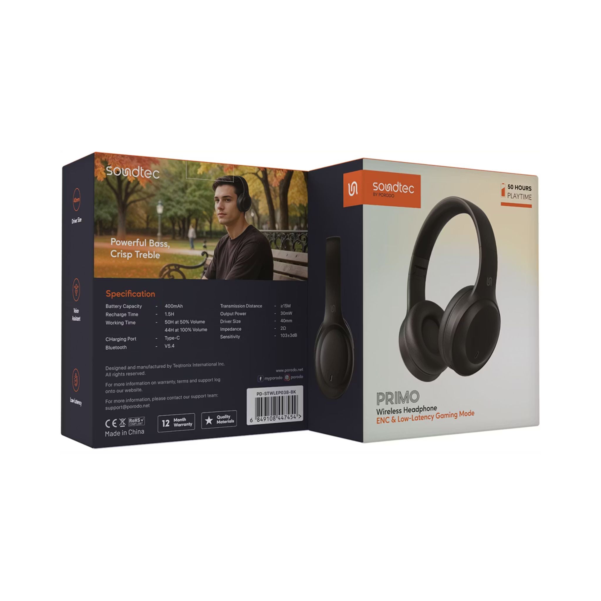Porodo Soundtec Wireless Headphones with ENC & Low-Latency Gaming Mode, 400mAh Battery Capacity, 1.5 Hours Charging Time, 50 Hours Working Time, Type C Charging Port, Bluetooth Version 5.4, Voice Assistant - Black