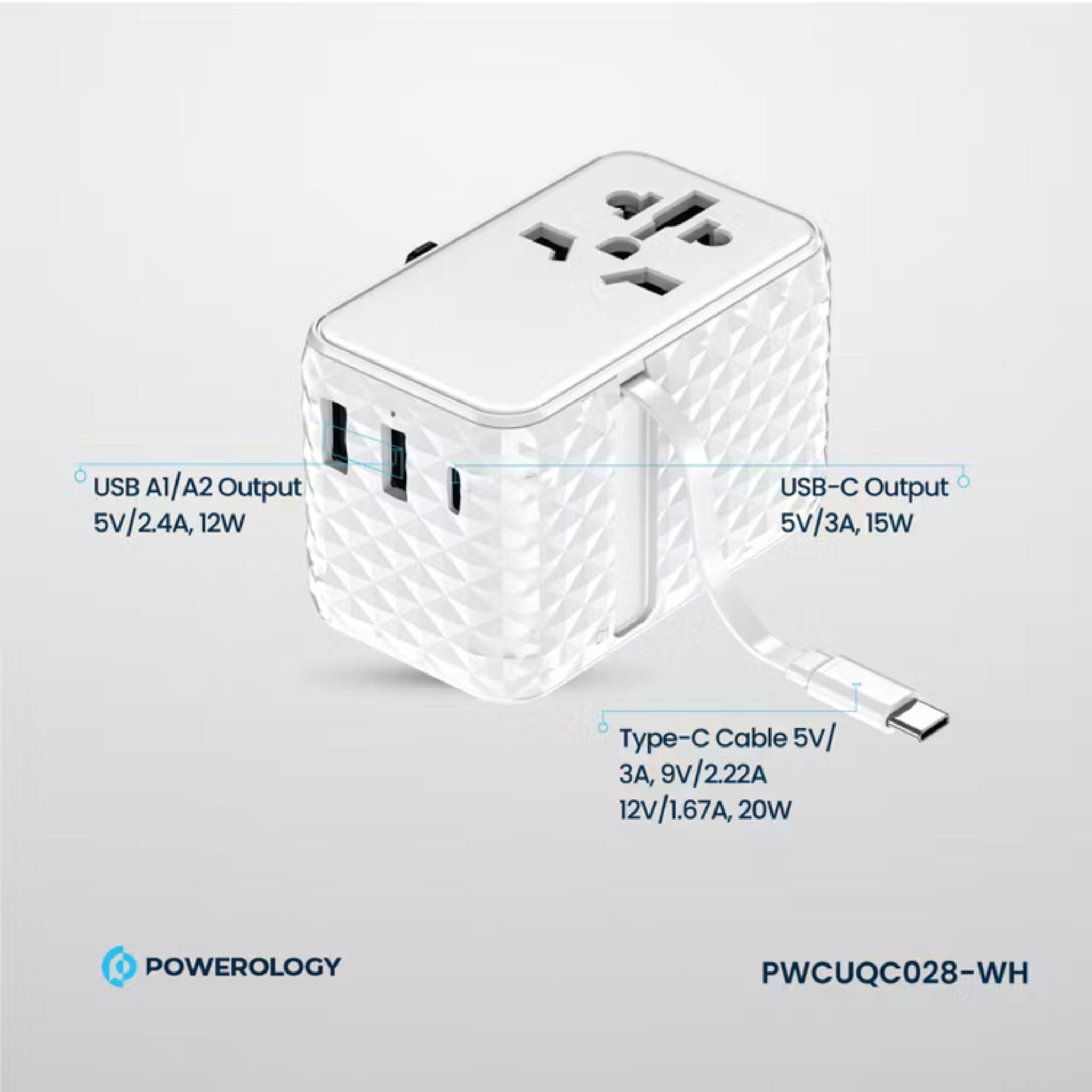 Powerology GaN 20W PD Universal Adapter with Retractable Type-C Cable, Simultaneous Charging, Includes Spare Fuse, Built-In Safeguard - White