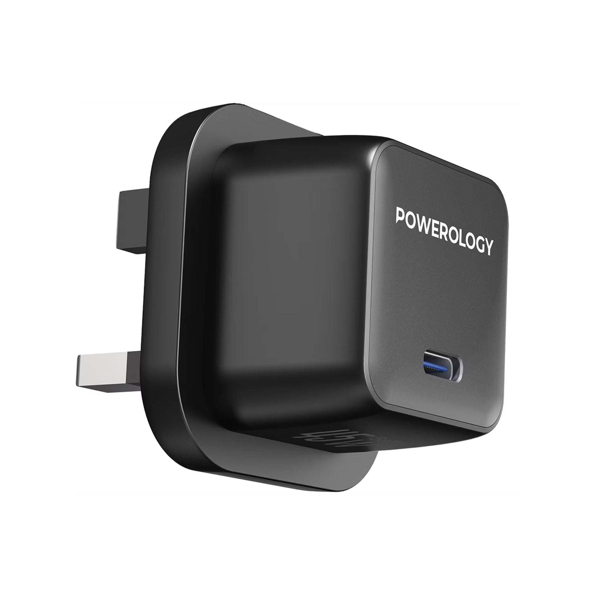 Black Powerology USB charger on a white background