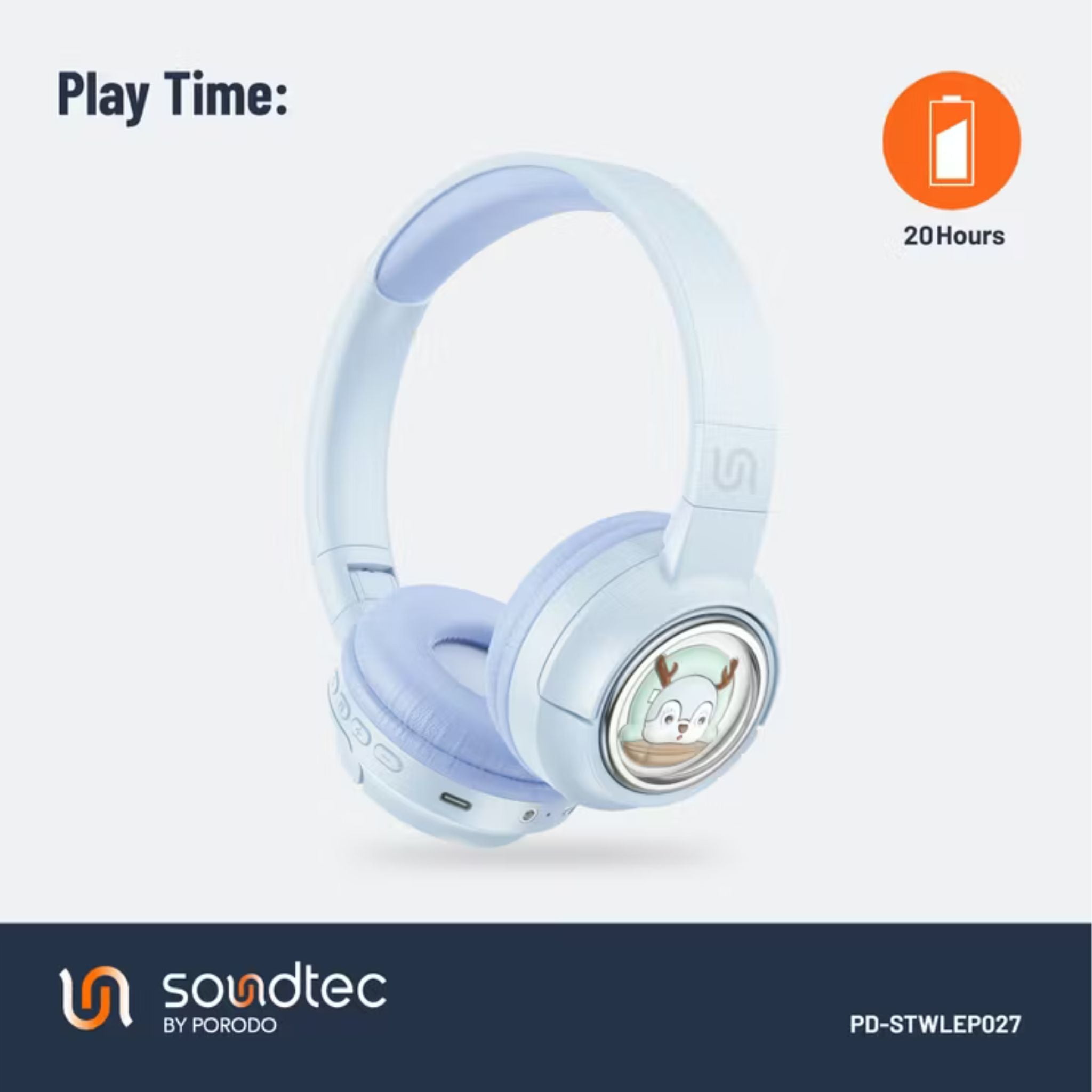 Porodo Soundtec Moose Wireless Kids Headphones with LED Lights, 40mm Speaker, 20 Hours Play Time, Bluetooth 5.3, 400mAh Battery, USB-C Charging Port, Comfort Cushions