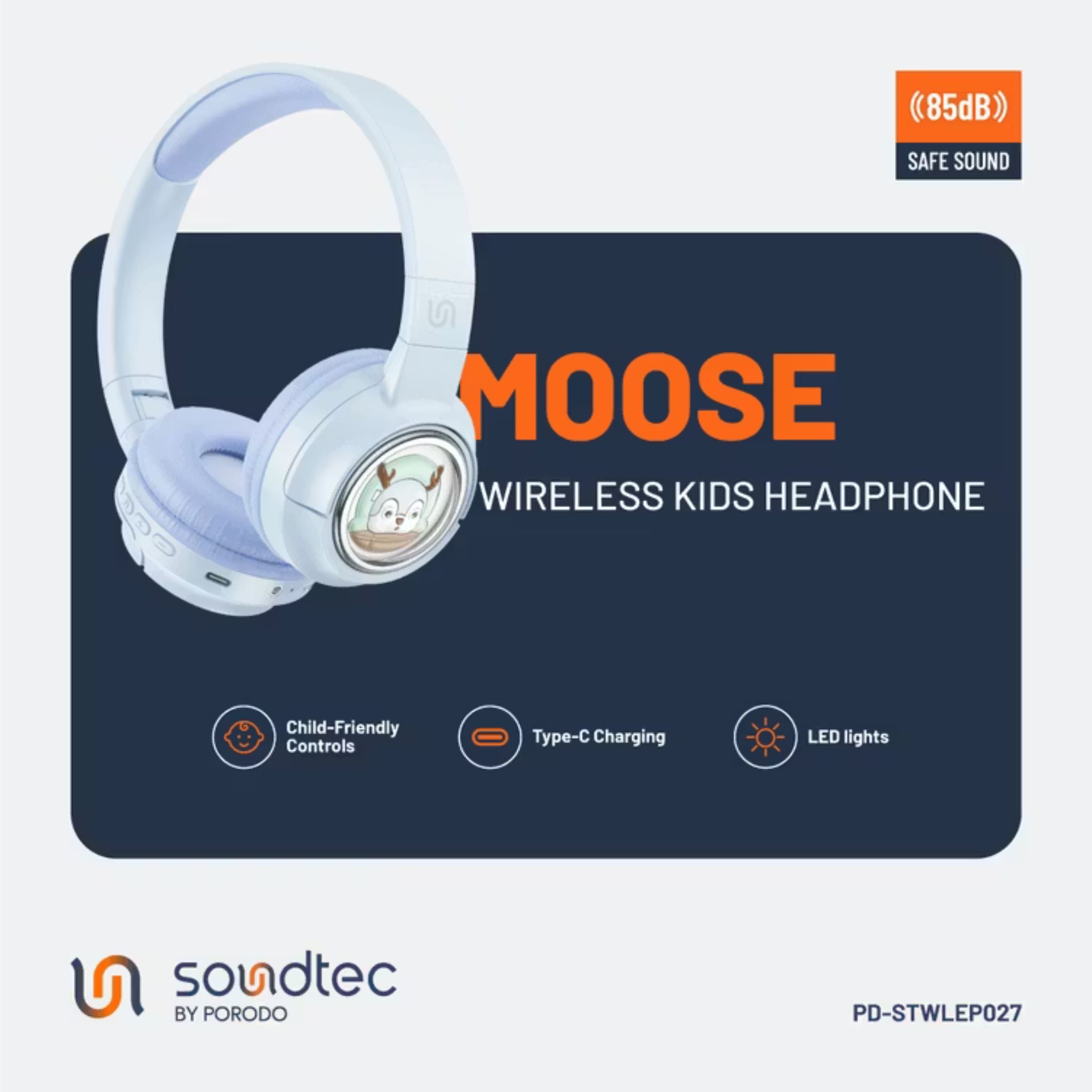Porodo Soundtec Moose Wireless Kids Headphones with LED Lights, 40mm Speaker, 20 Hours Play Time, Bluetooth 5.3, 400mAh Battery, USB-C Charging Port, Comfort Cushions