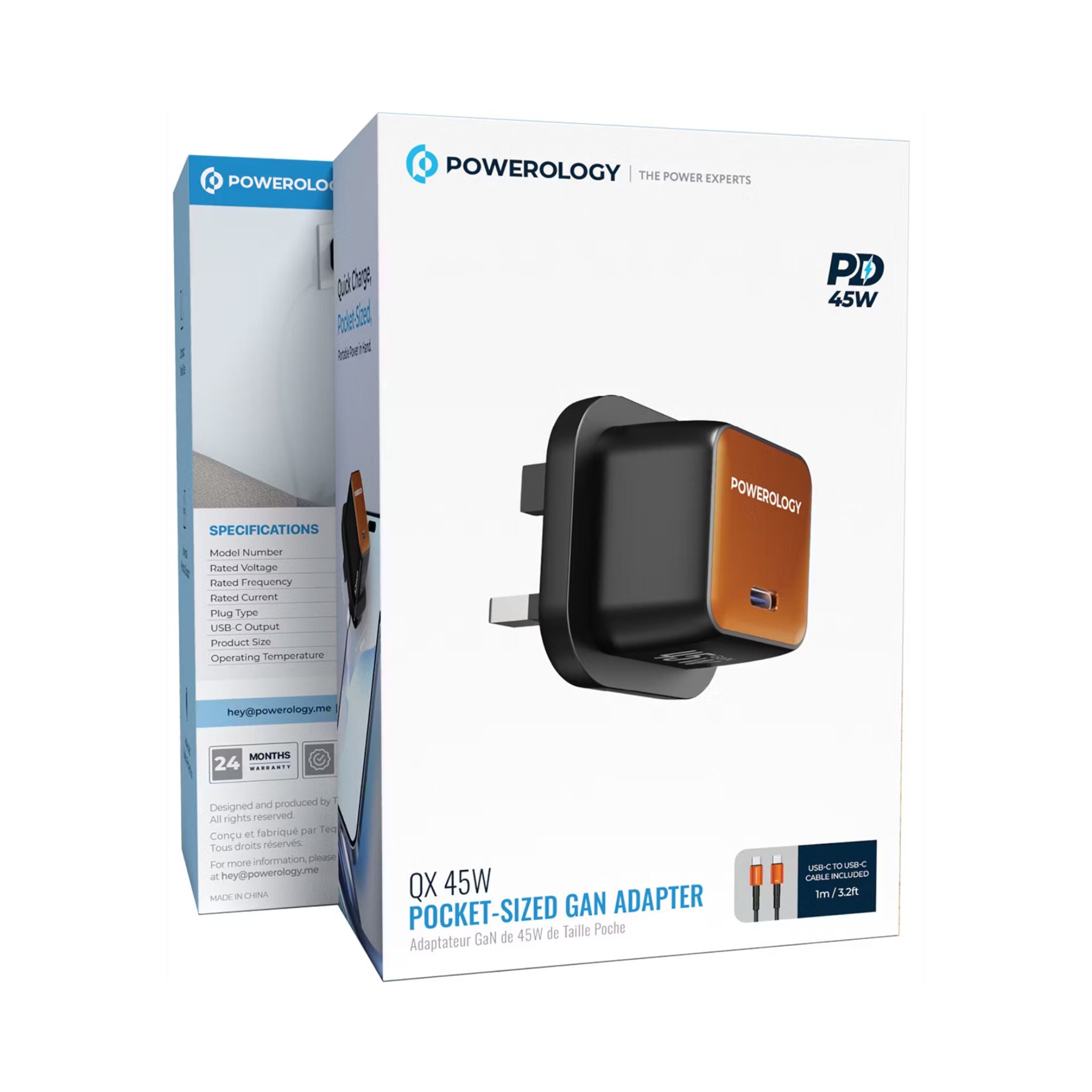 Powerology QX 45W Pocket-Sized GaN Adapter with Safety Protections, 1m USB-C to USB-C Cable Included, USB-C Port, Ultra-Compact Design, UK 3-Pin Plug, PD 45W - Black / Titanium Orange