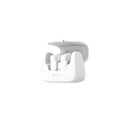 A white true wireless earbuds case with earbuds inside, featuring a charging indicator and touch control buttons.