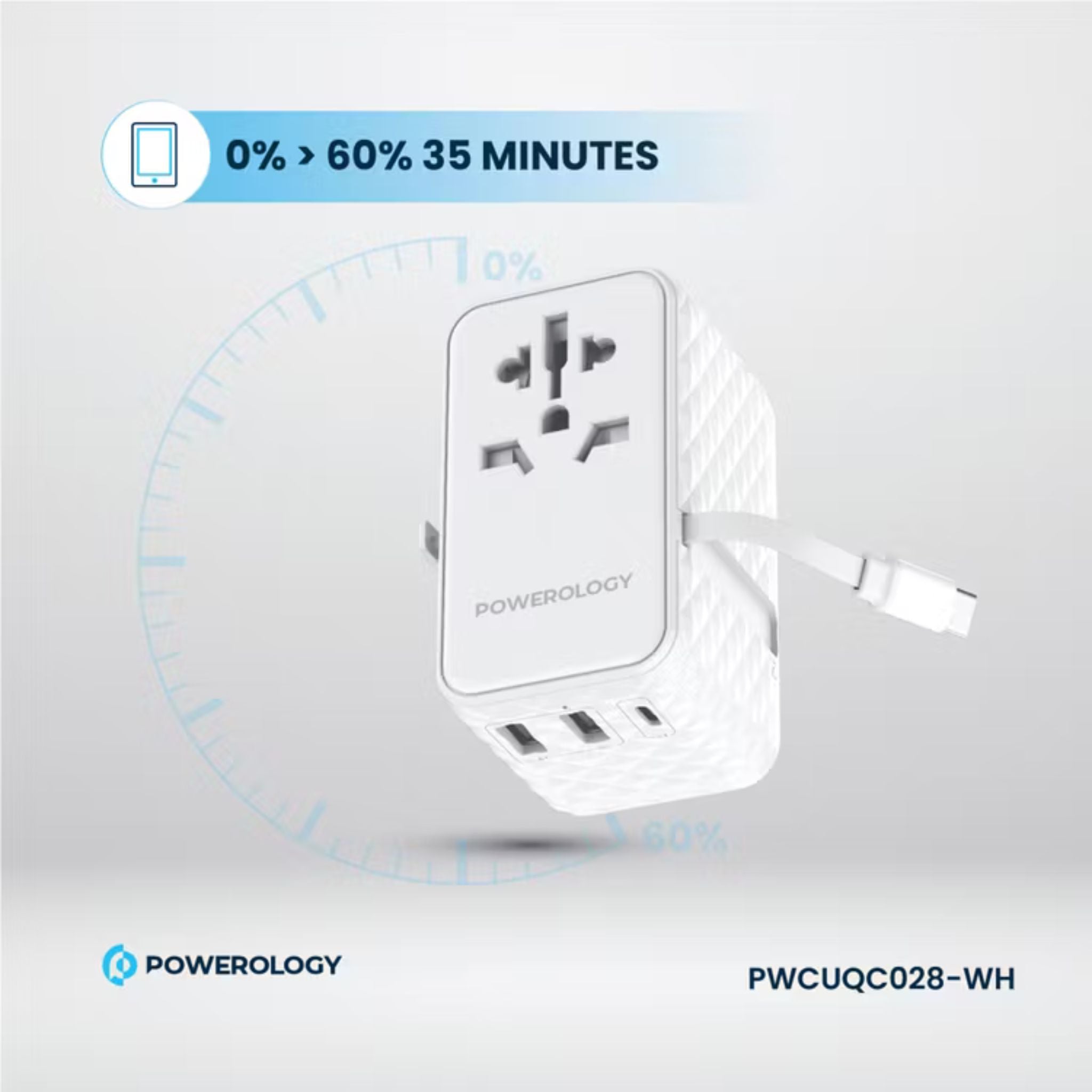 Powerology GaN 20W PD Universal Adapter with Retractable Type-C Cable, Simultaneous Charging, Includes Spare Fuse, Built-In Safeguard - White