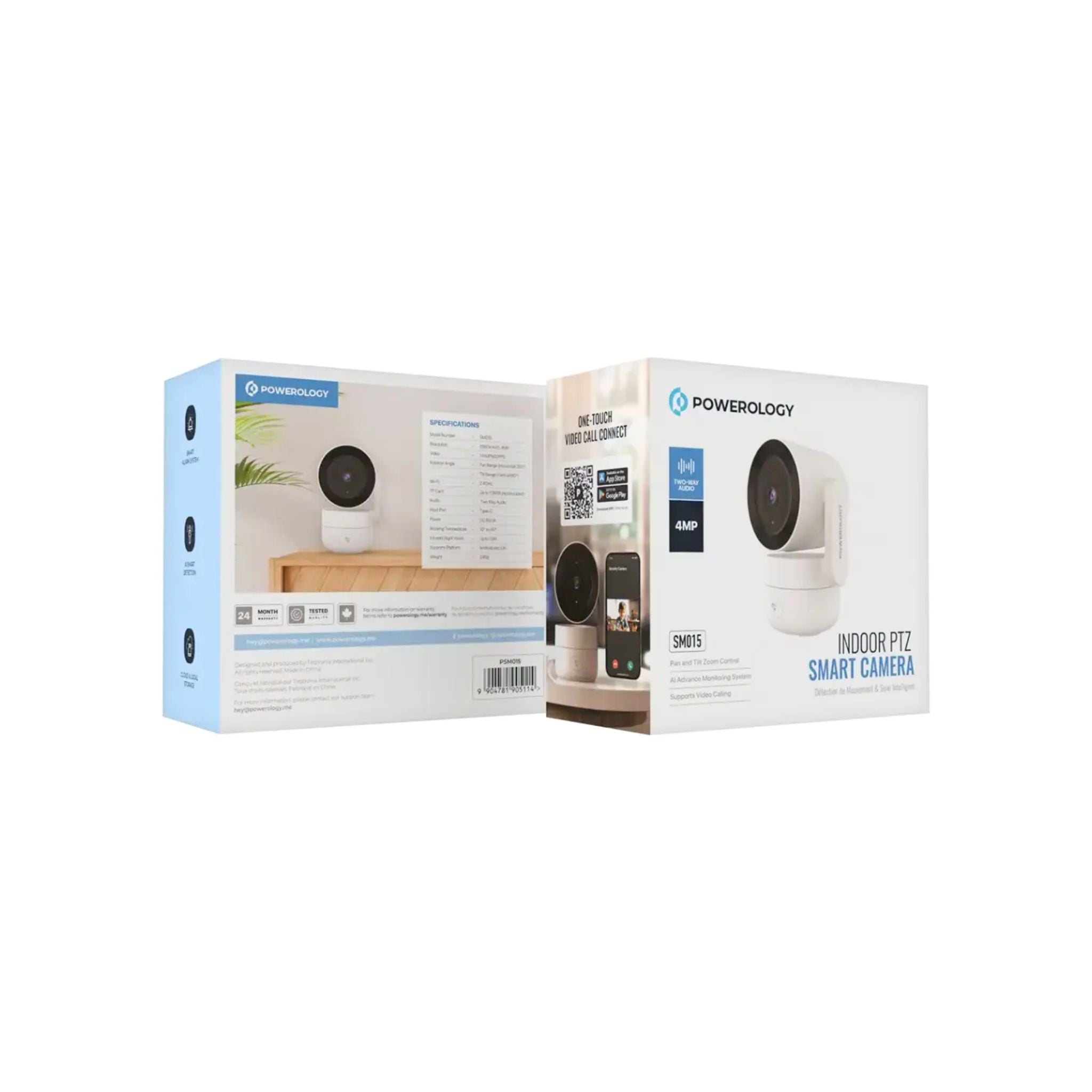 Powerology Indoor PTZ Smart Camera with AI Advanced Motion Detection, 4MP Resolution, Two-Way Audio, One-Touch Video Calling, Up to 10m Infrared Night Vision, 180° Tilt Range, 355° Pan Range, Type-C Input Port, 2.4GHz Wi-Fi, Cloud & Local Storage - White