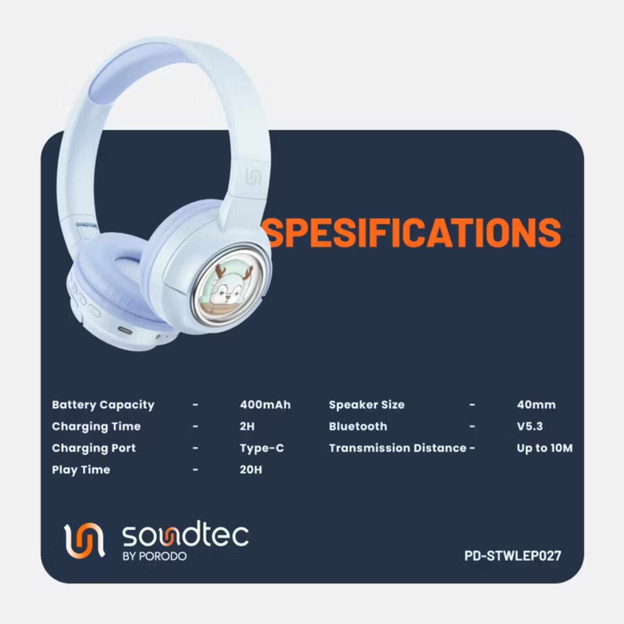 Porodo Soundtec Moose Wireless Kids Headphones with LED Lights, 40mm Speaker, 20 Hours Play Time, Bluetooth 5.3, 400mAh Battery, USB-C Charging Port, Comfort Cushions