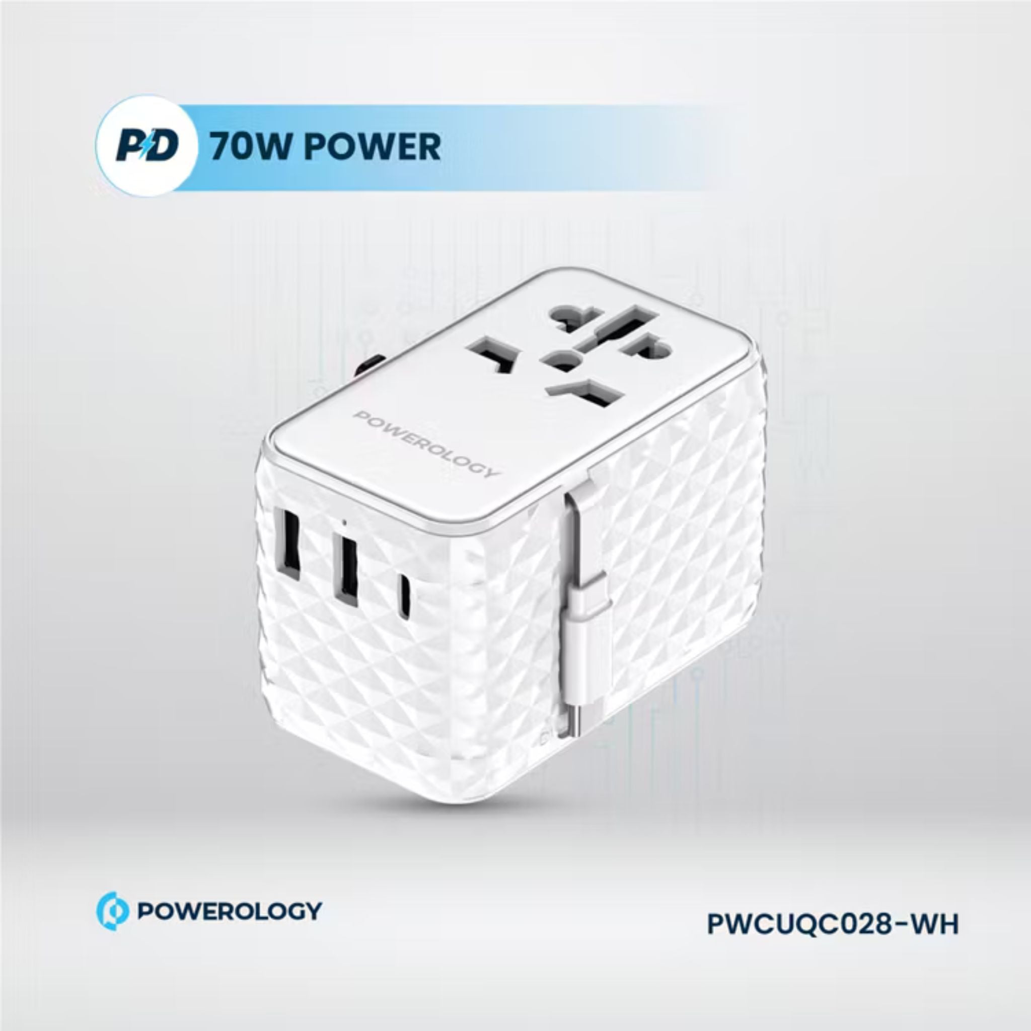 Powerology GaN 20W PD Universal Adapter with Retractable Type-C Cable, Simultaneous Charging, Includes Spare Fuse, Built-In Safeguard - White