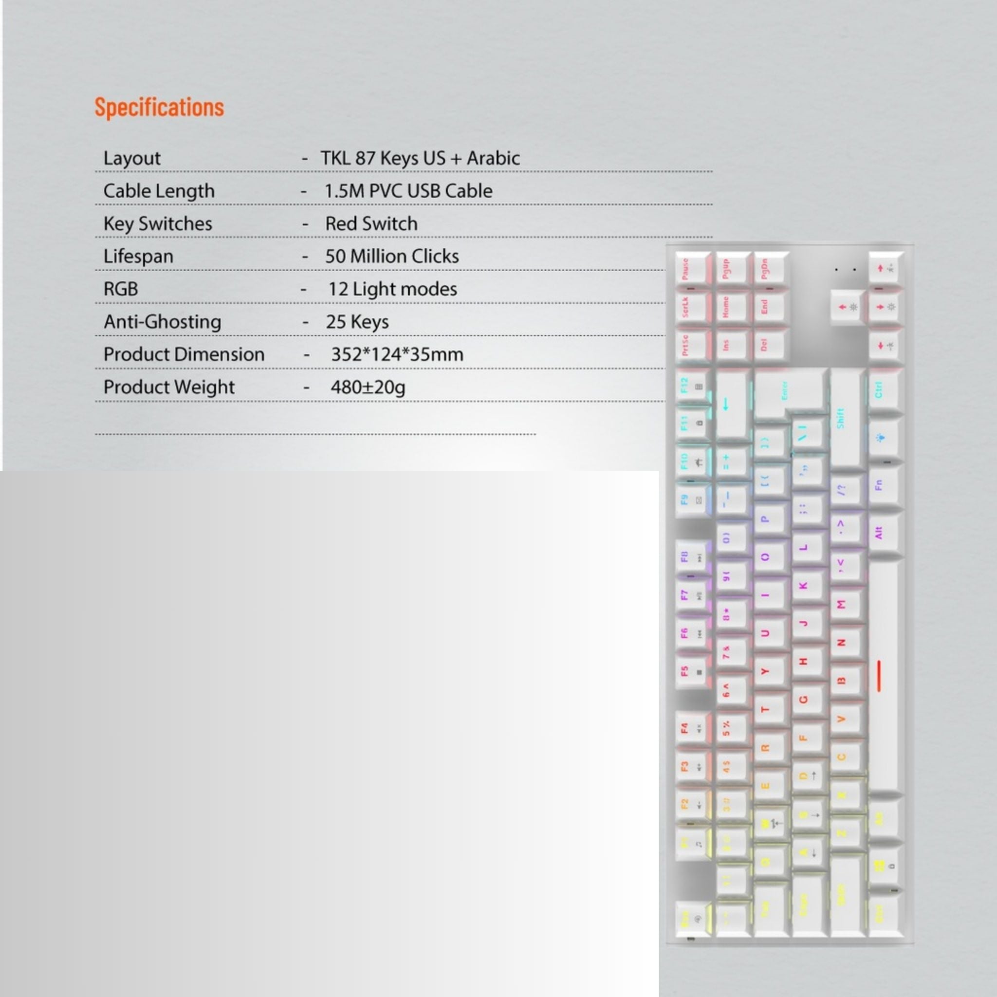 Porodo Gaming TKL Mechanical Keyboard with 12 RGB Light Modes, 25 Anti-Ghosting Keys, 50 Million Clicks Lifespan, 1.5m PVC Cable, Plug & Play, English & Arabic Keys - White