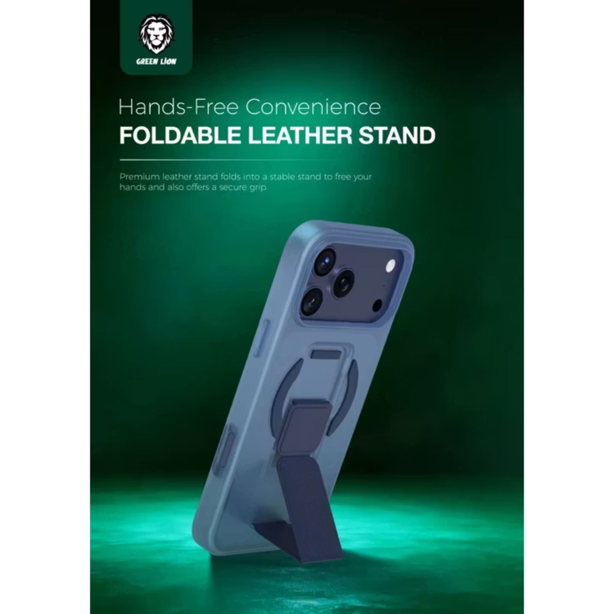 Green Lion Grip 360° MagSafe Case for iPhone 17 Pro, Up to 3500gs Force Impact Resistance, Foldable Stand, Strong Magnets, Drop Protection, Anti-Scratch, Leather Grip Strap, Camera Protection, Horizontal & Vertical Features - Blue Titanium