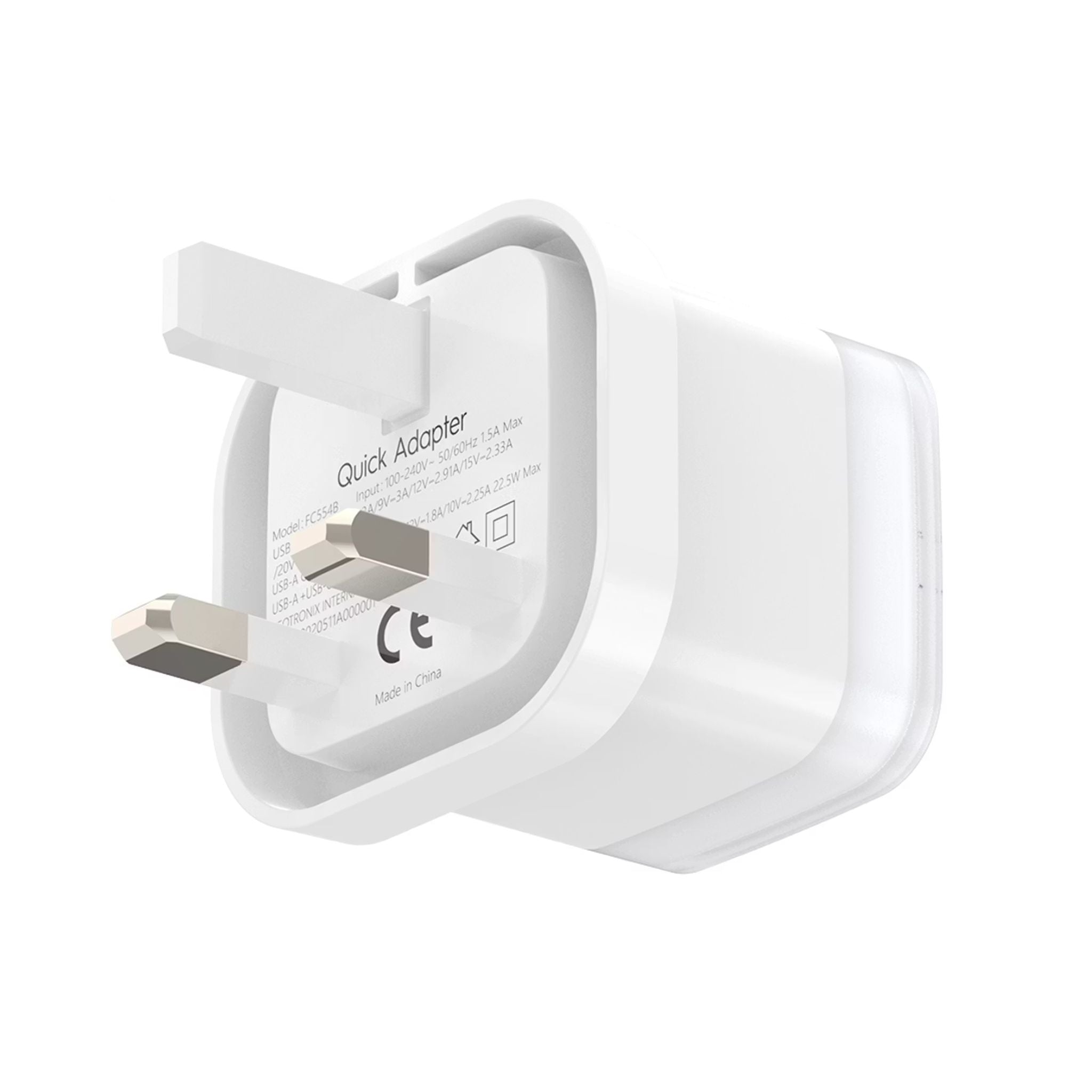 Powerology Lunex Dual-Port Fast Charging Adapter with USB-C & USB-A Ports, 35W Power Delivery, 22.5W USB-A Output, UK 3-Pin Plug, Universal Protocol Support, Multi-Device Charging - White